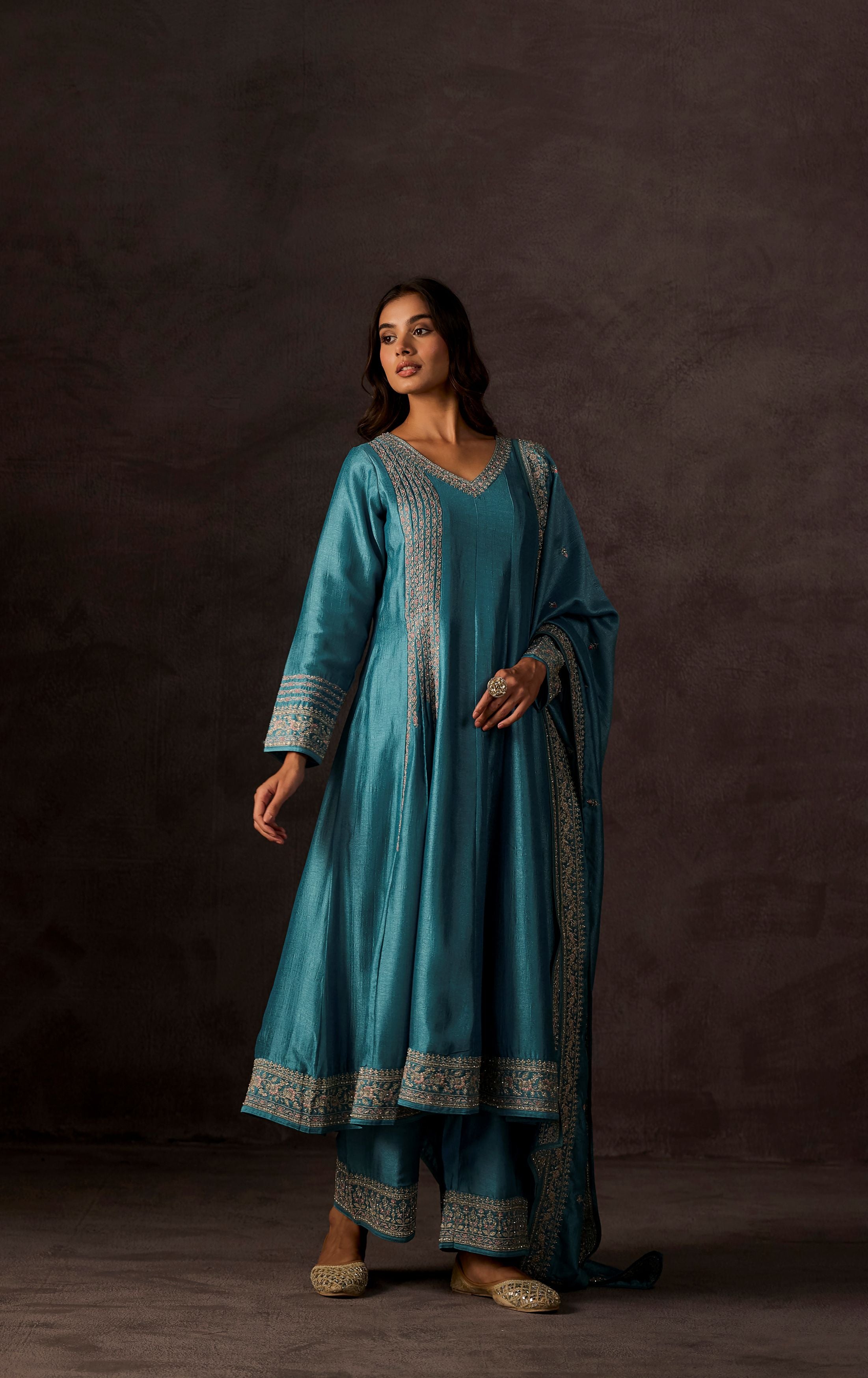 Pacific Blue Embellished Raw Silk Anarkali Set