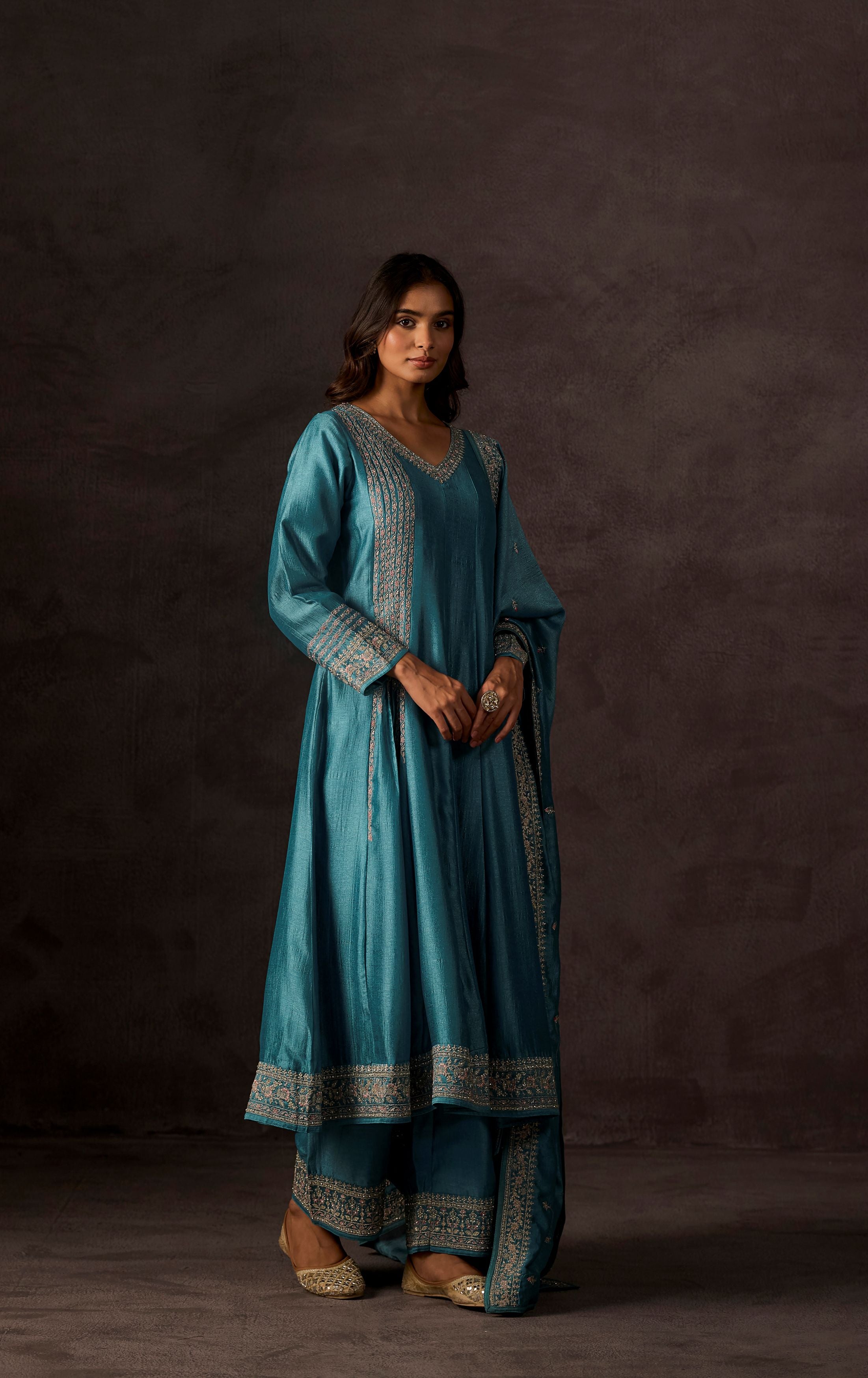 Pacific Blue Embellished Raw Silk Anarkali Set