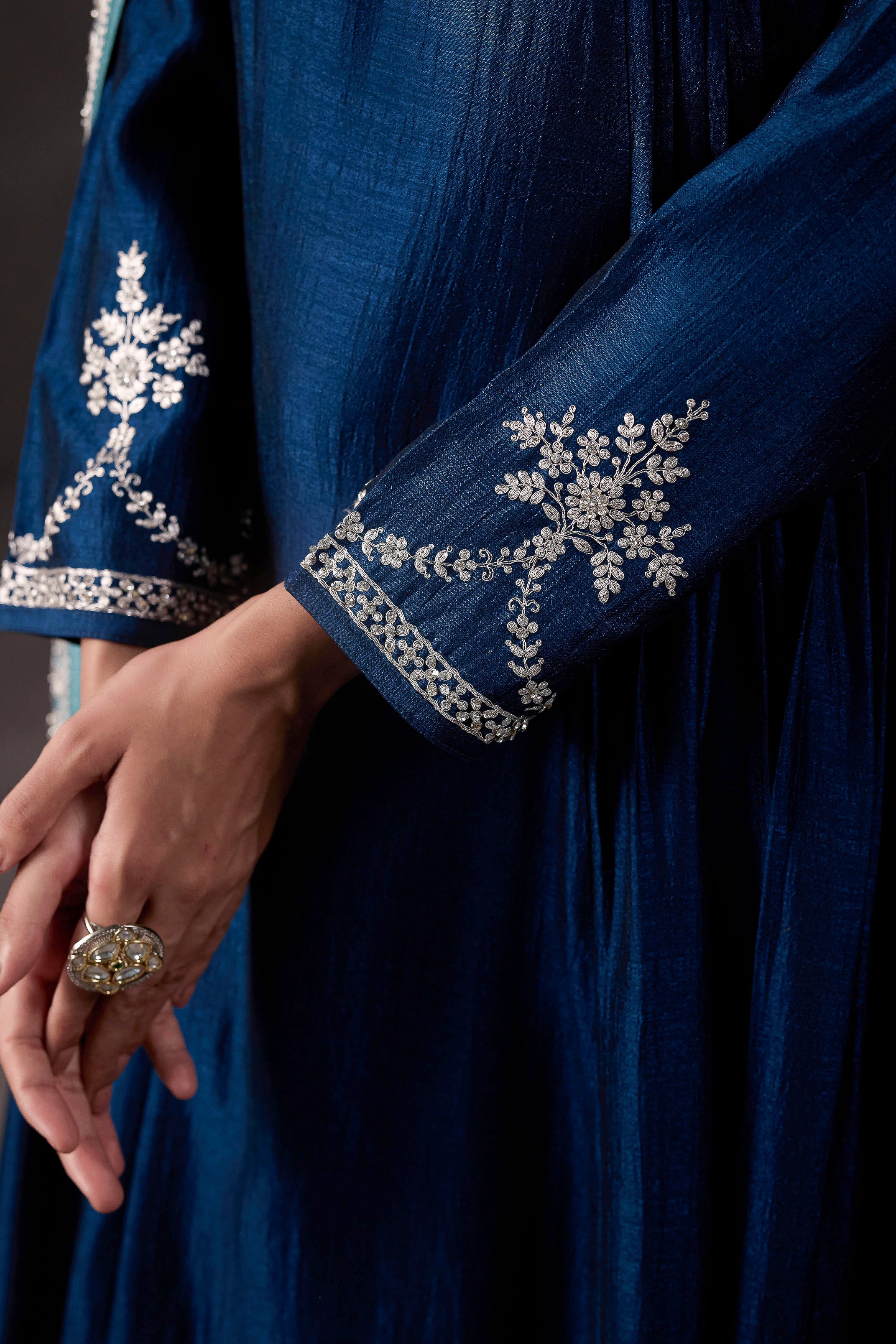 Teal Blue Embellished Raw Silk Anarkali Set