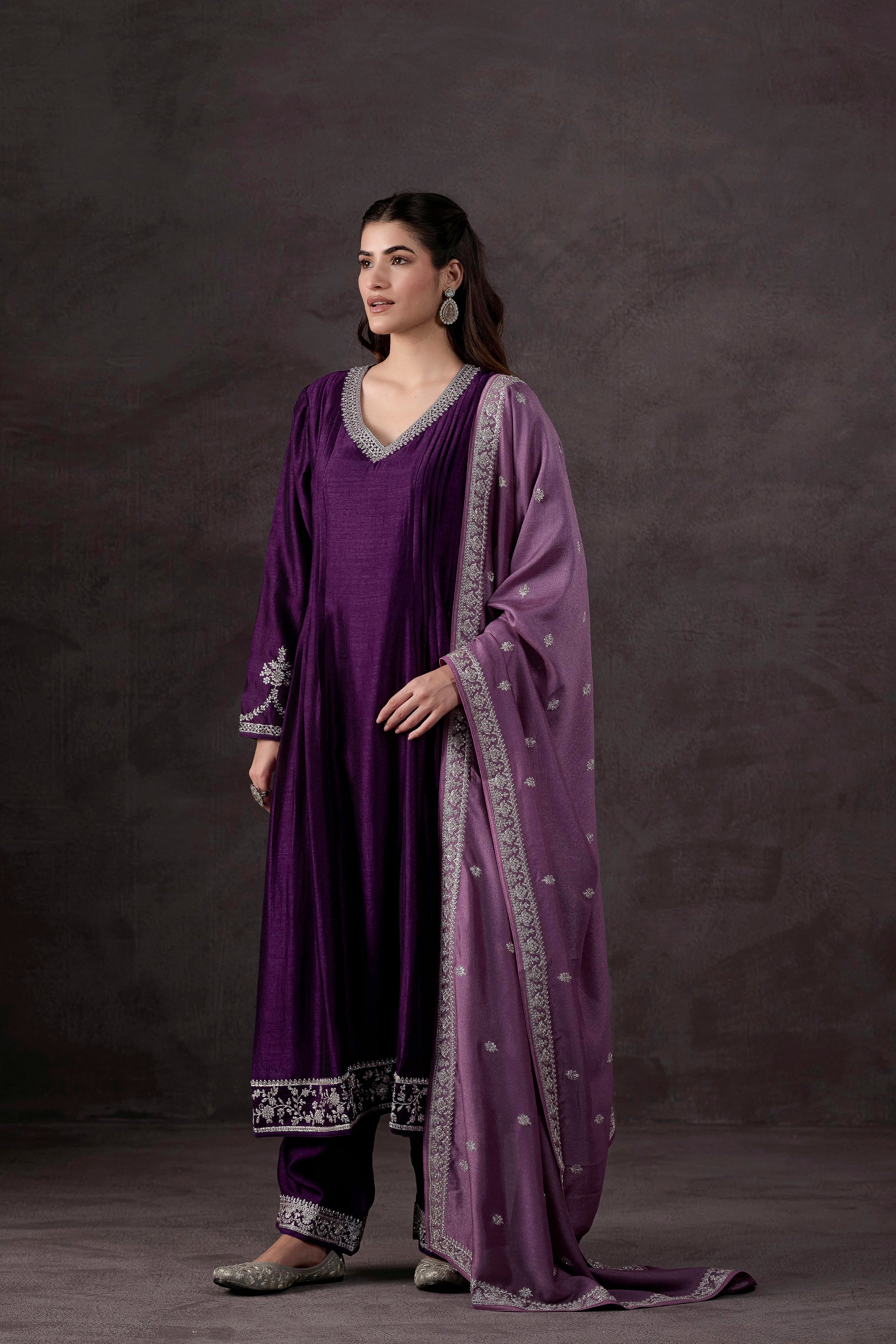 Purple Embellished Raw Silk Pant Set
