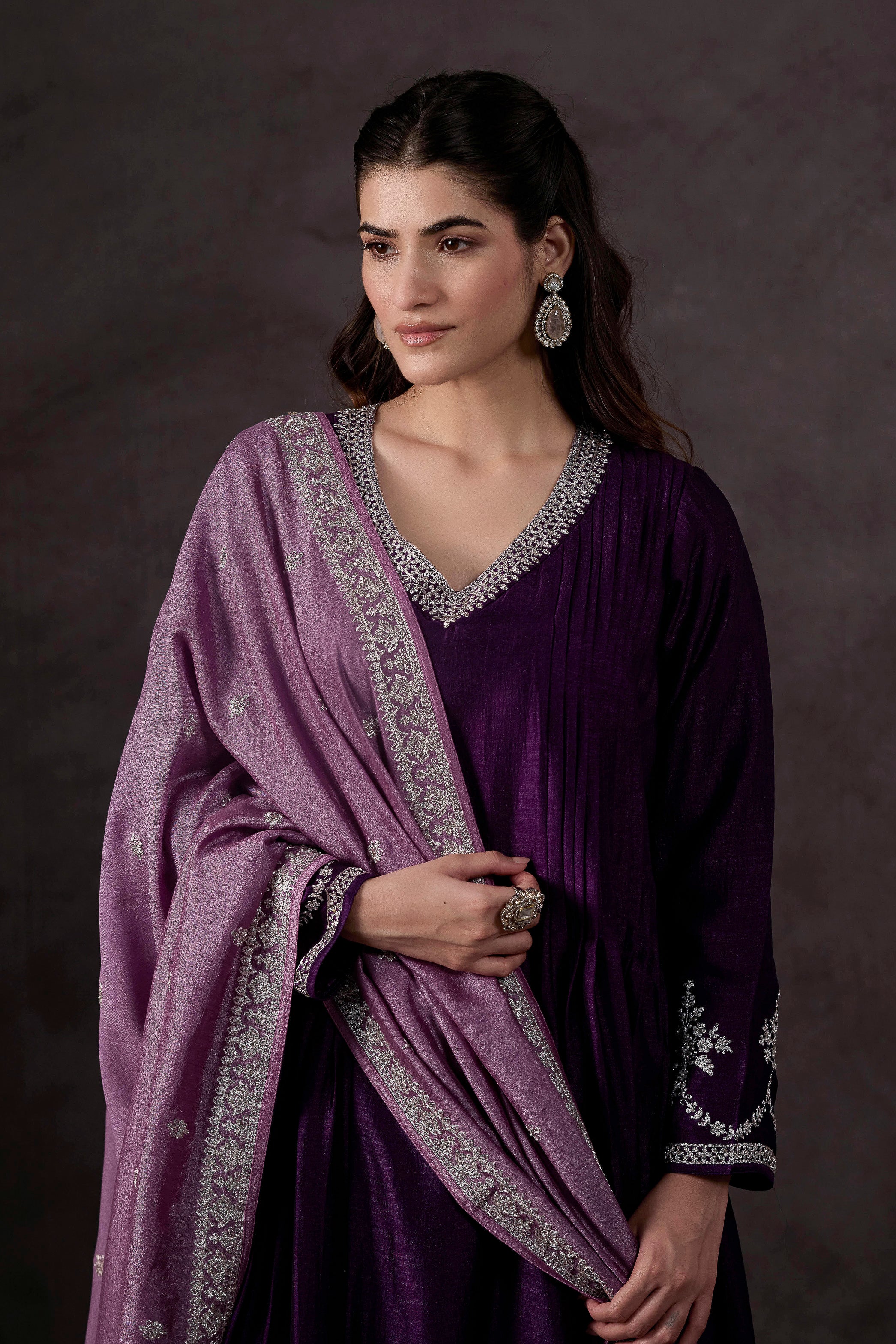 Purple Embellished Raw Silk Pant Set