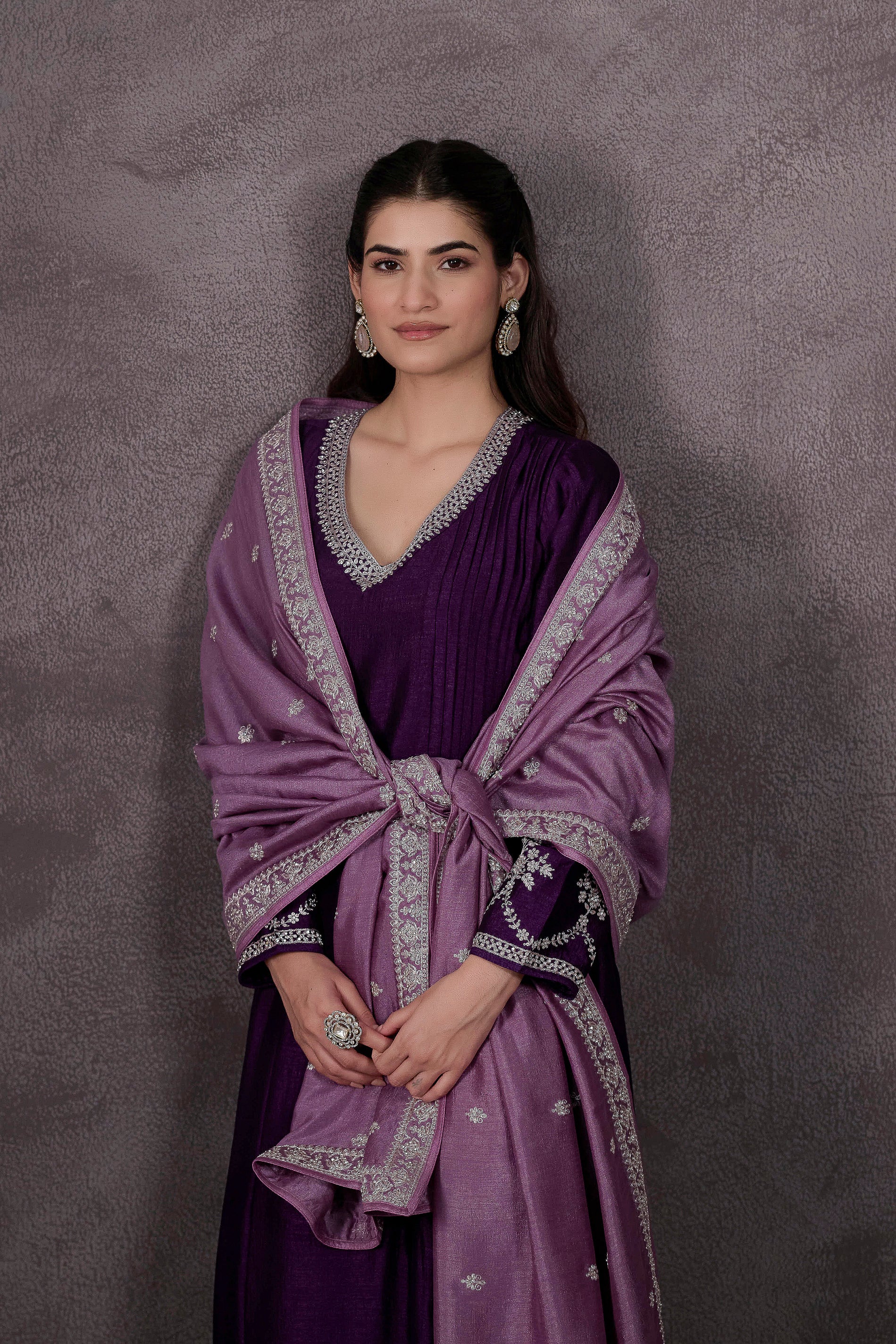 Purple Embellished Raw Silk Pant Set