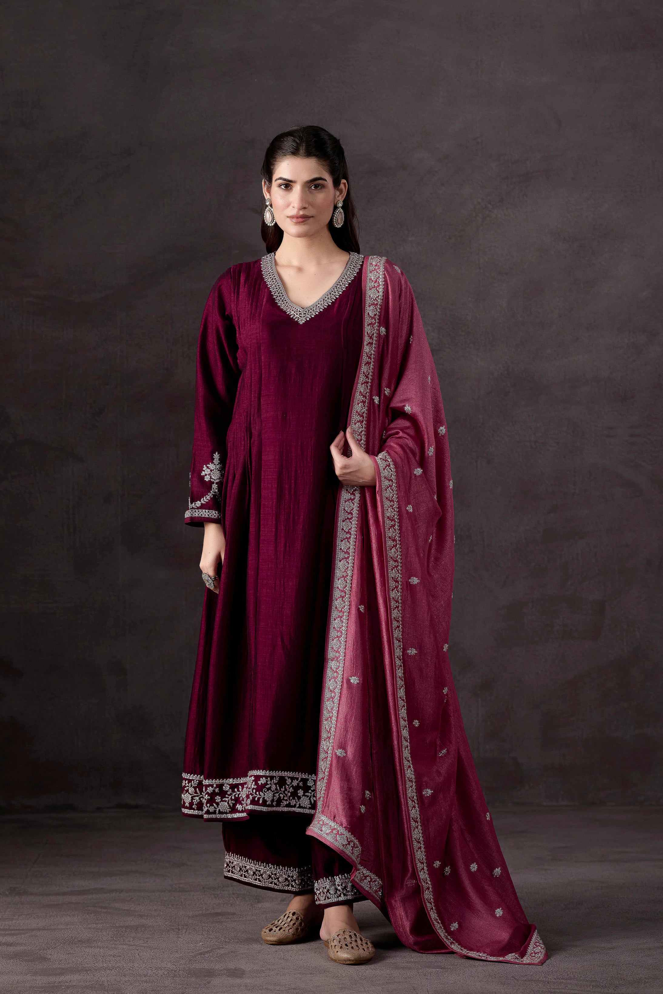 Wine Embellished Raw Silk Anarkali Set