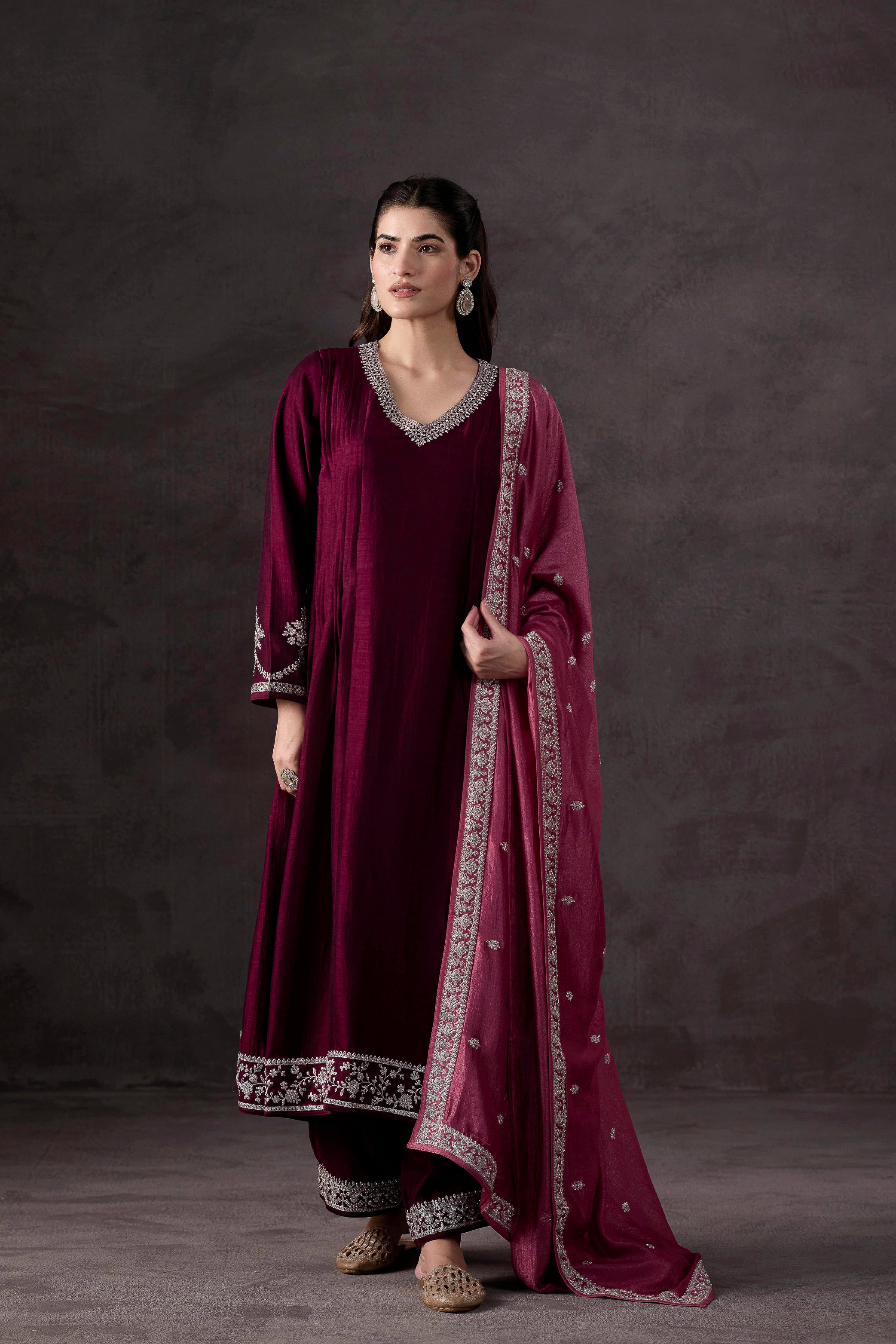 Wine Embellished Raw Silk Anarkali Set