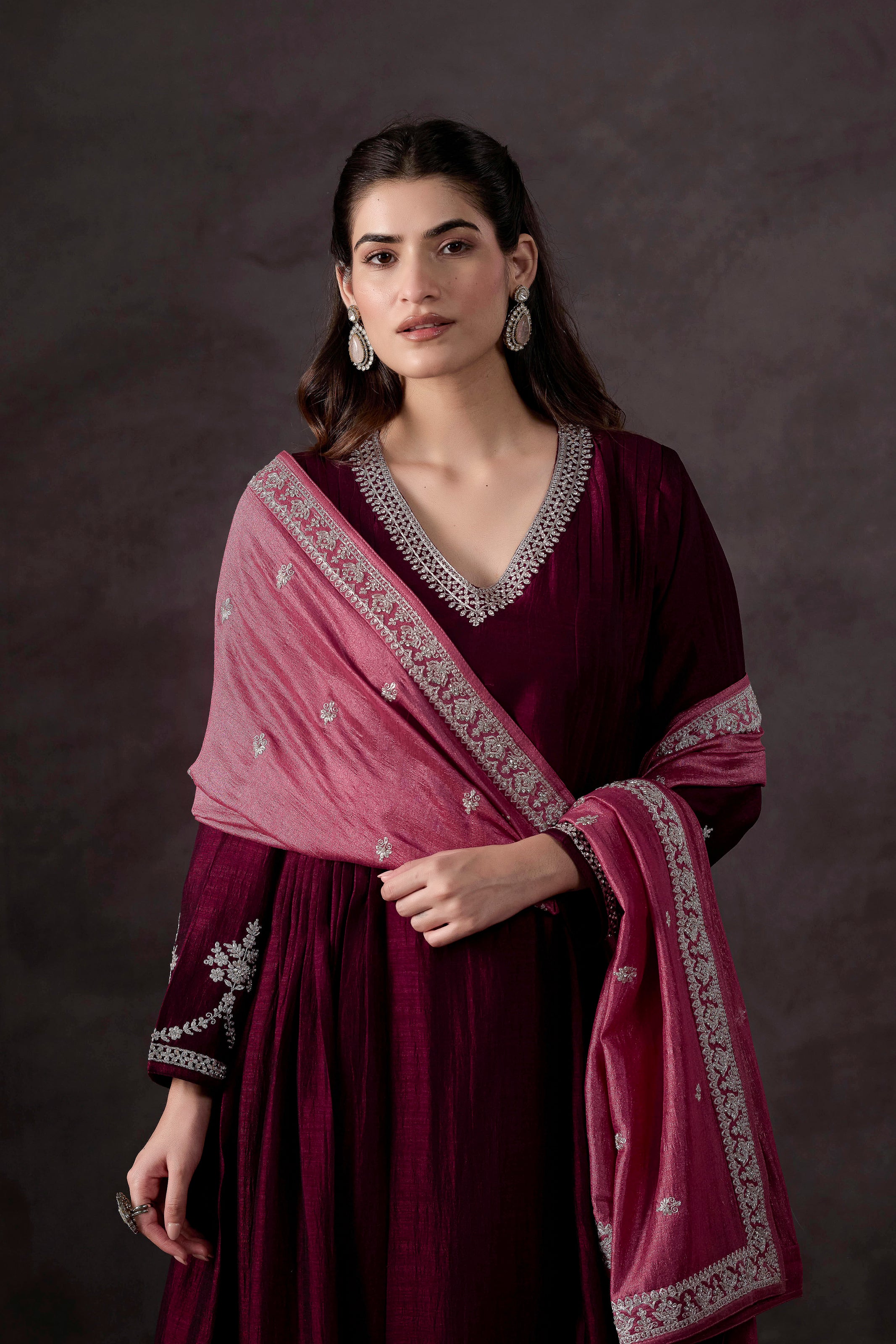 Wine Embellished Raw Silk Pant Set