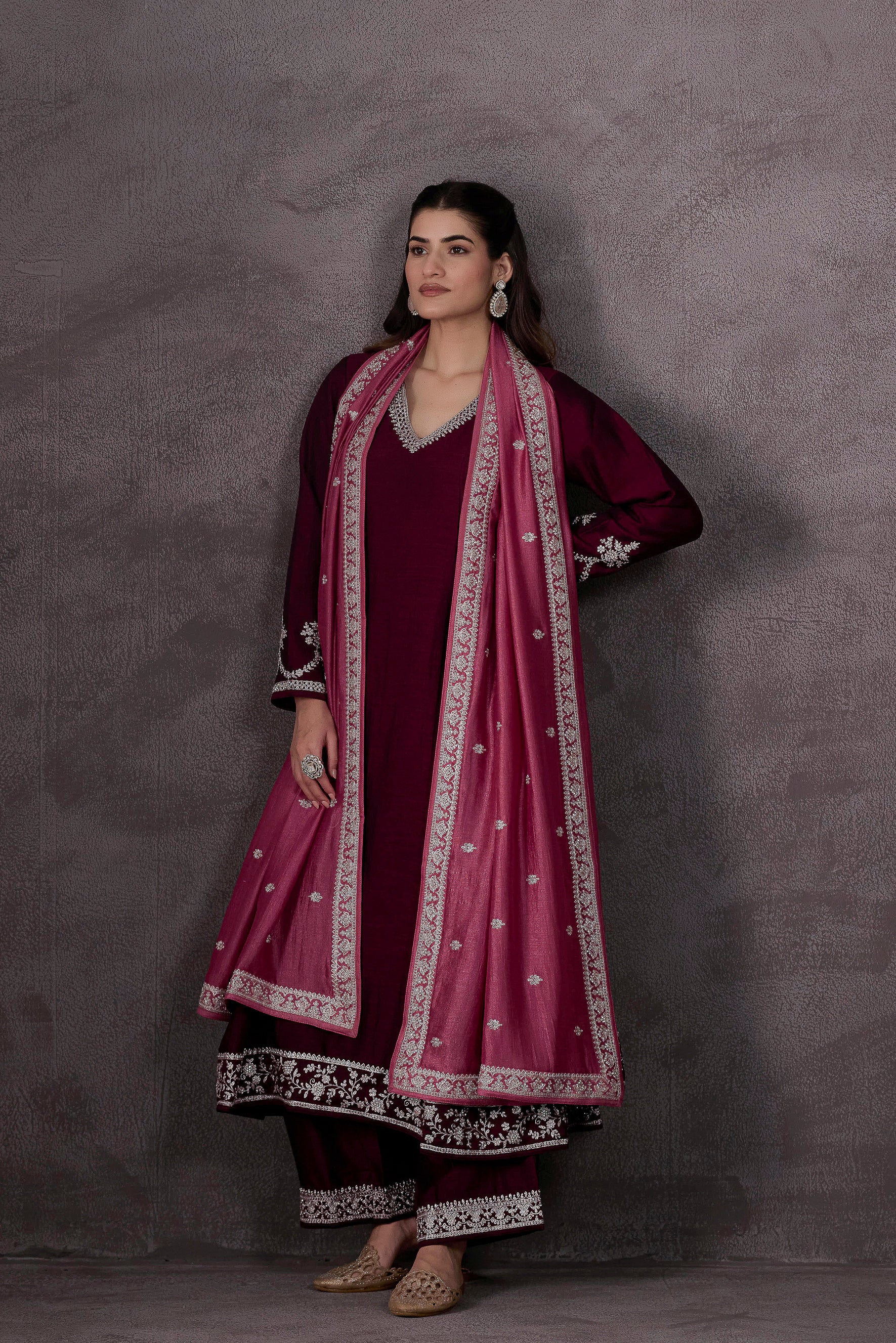 Wine Embellished Raw Silk Anarkali Set