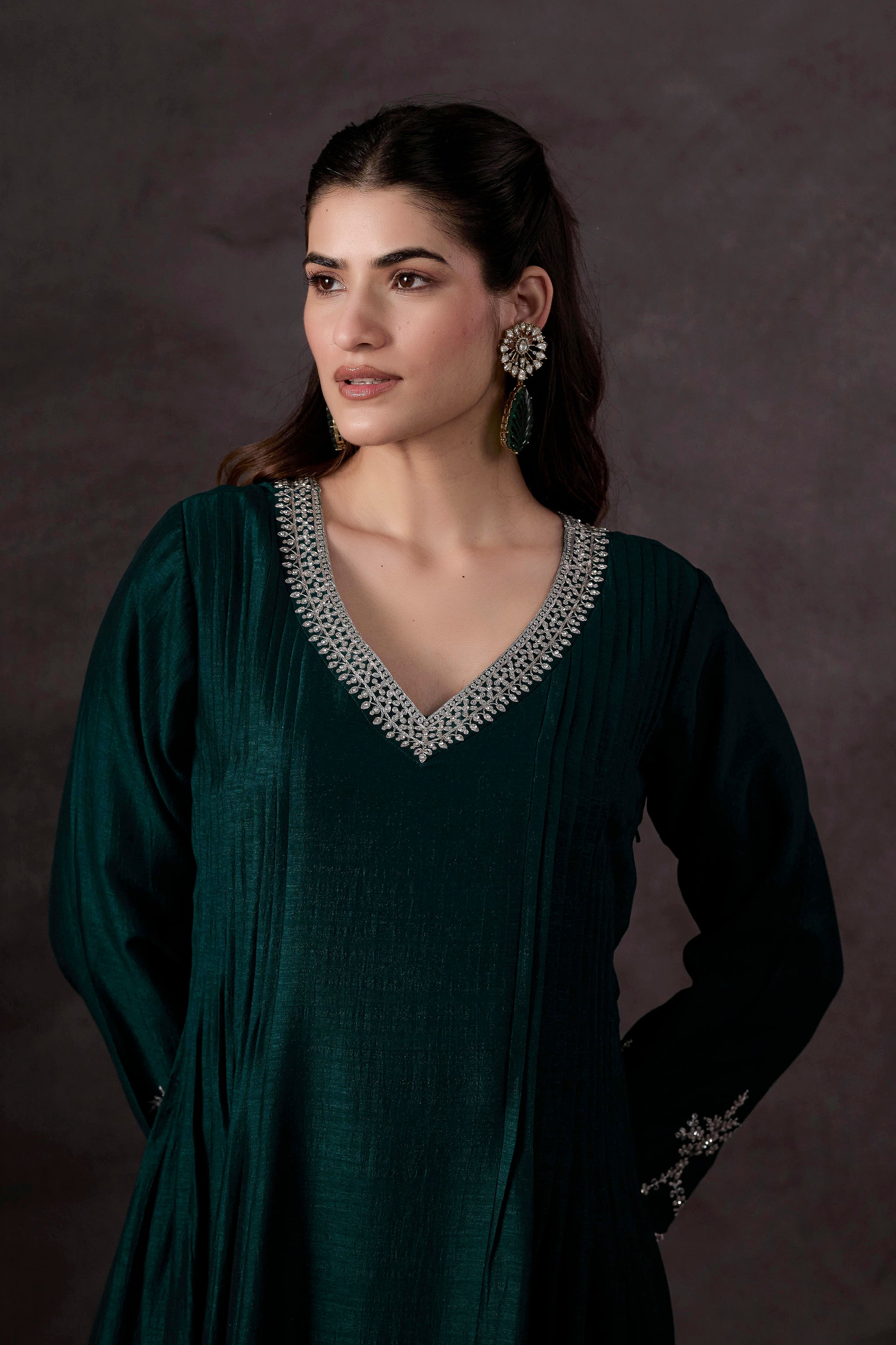 Teal Green Embellished Raw Silk Anarkali Set