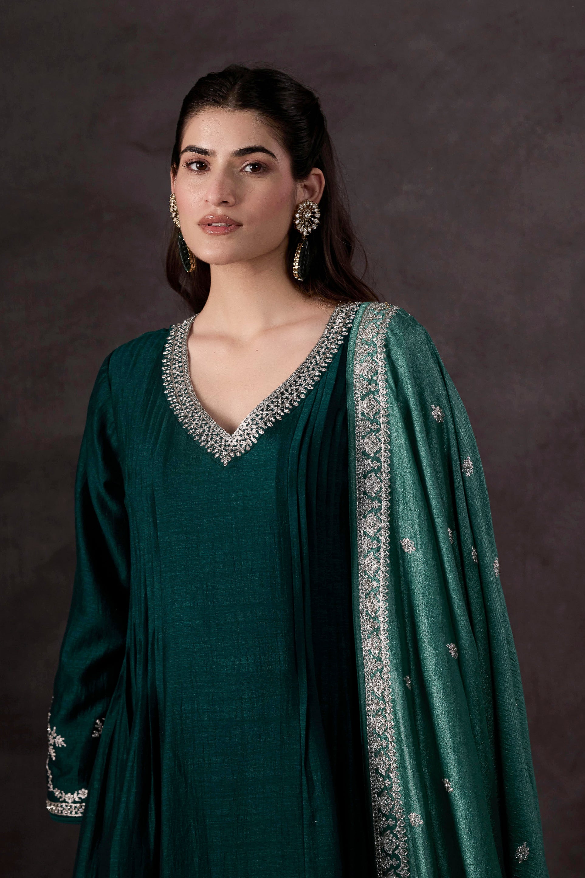 Teal Green Embellished Raw Silk Anarkali Set