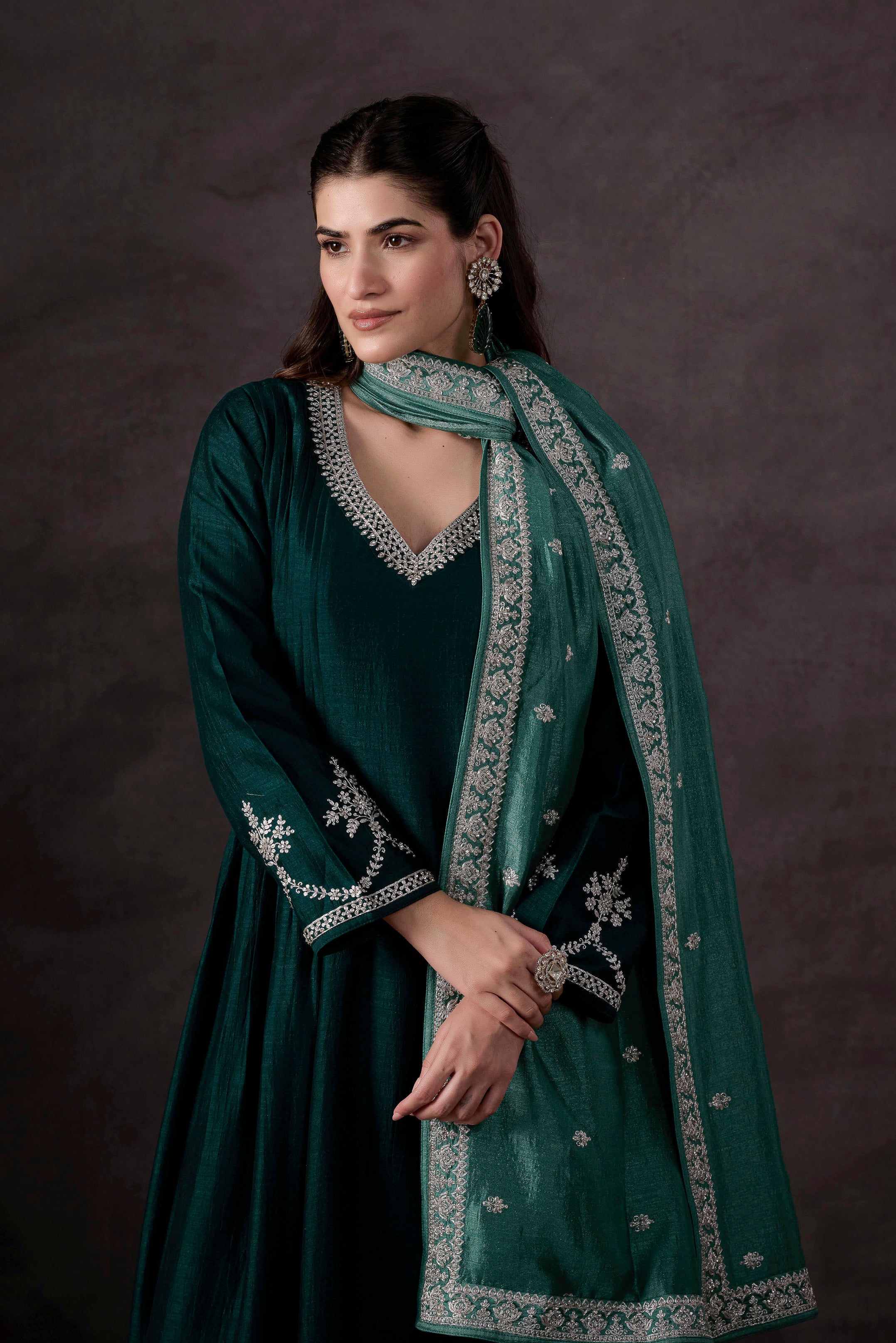 Teal Green Embellished Raw Silk Anarkali Set
