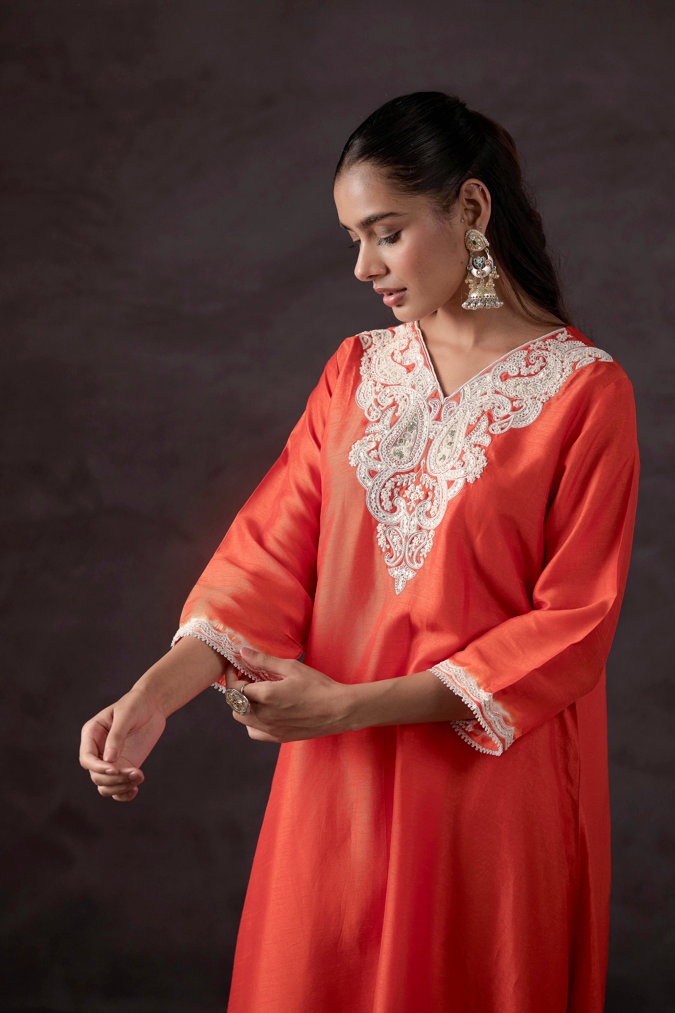 Orange Peel Embellished Raw Silk Kurta Set
