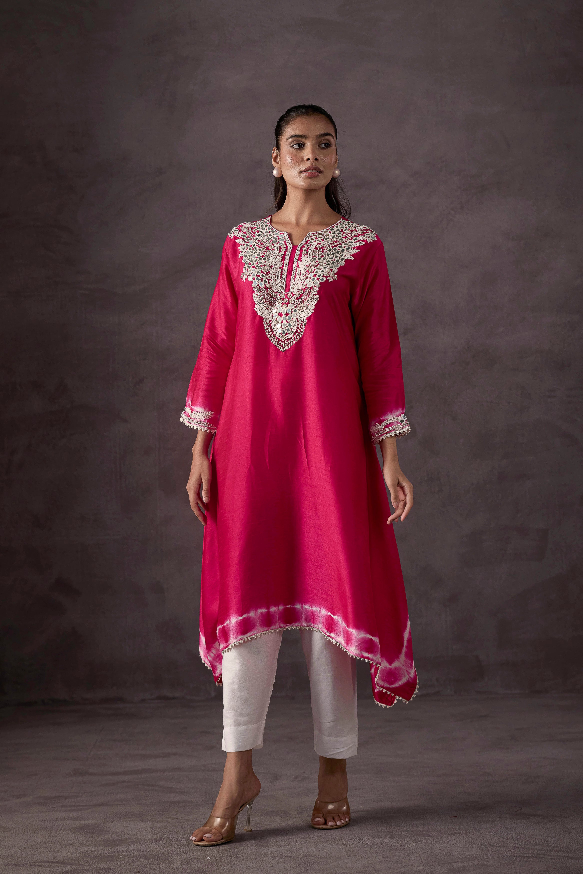 Bright Pink Embellished Raw Silk Kurta Set