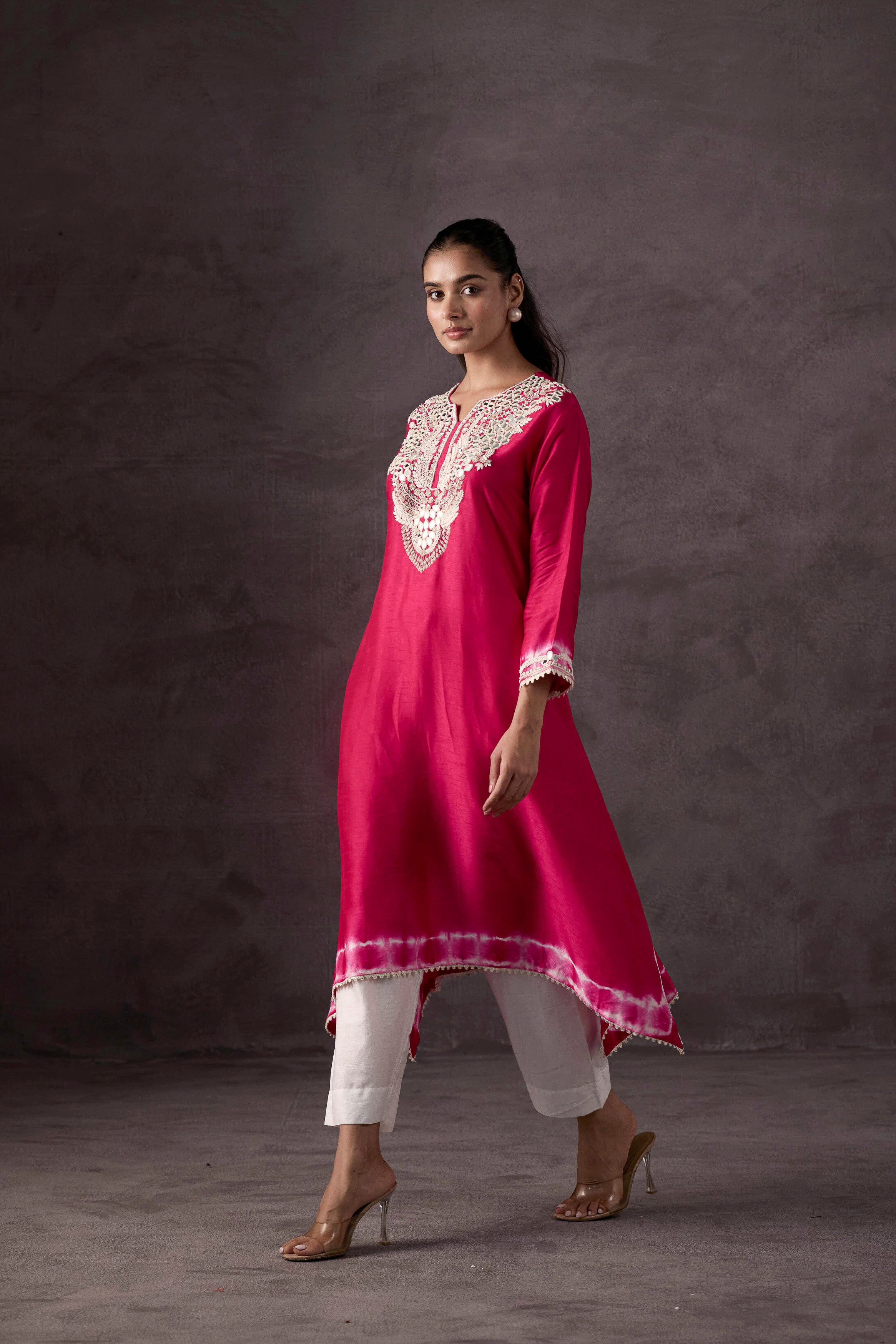 Bright Pink Embellished Raw Silk Kurta Set