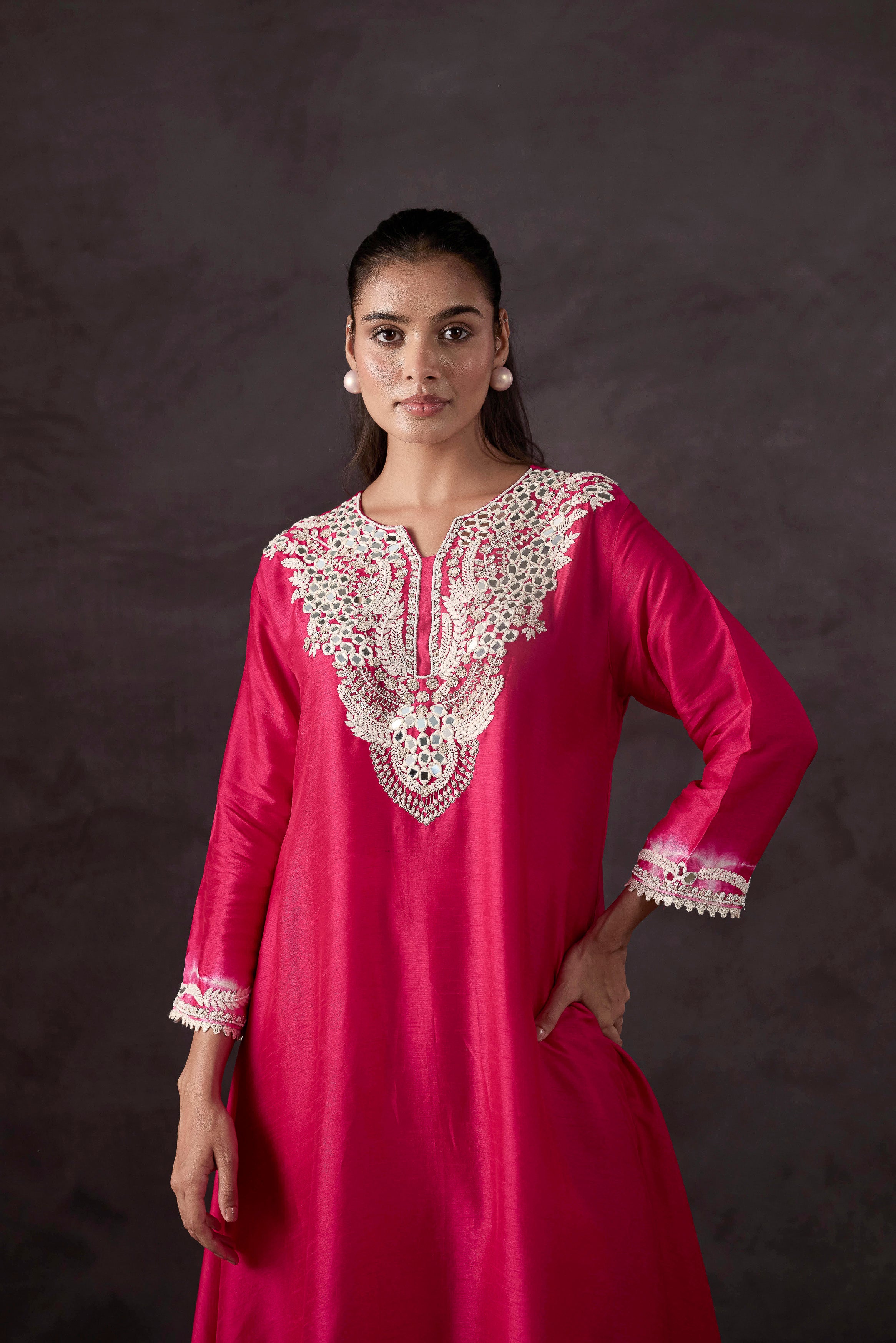 Bright Pink Embellished Raw Silk Kurta Set