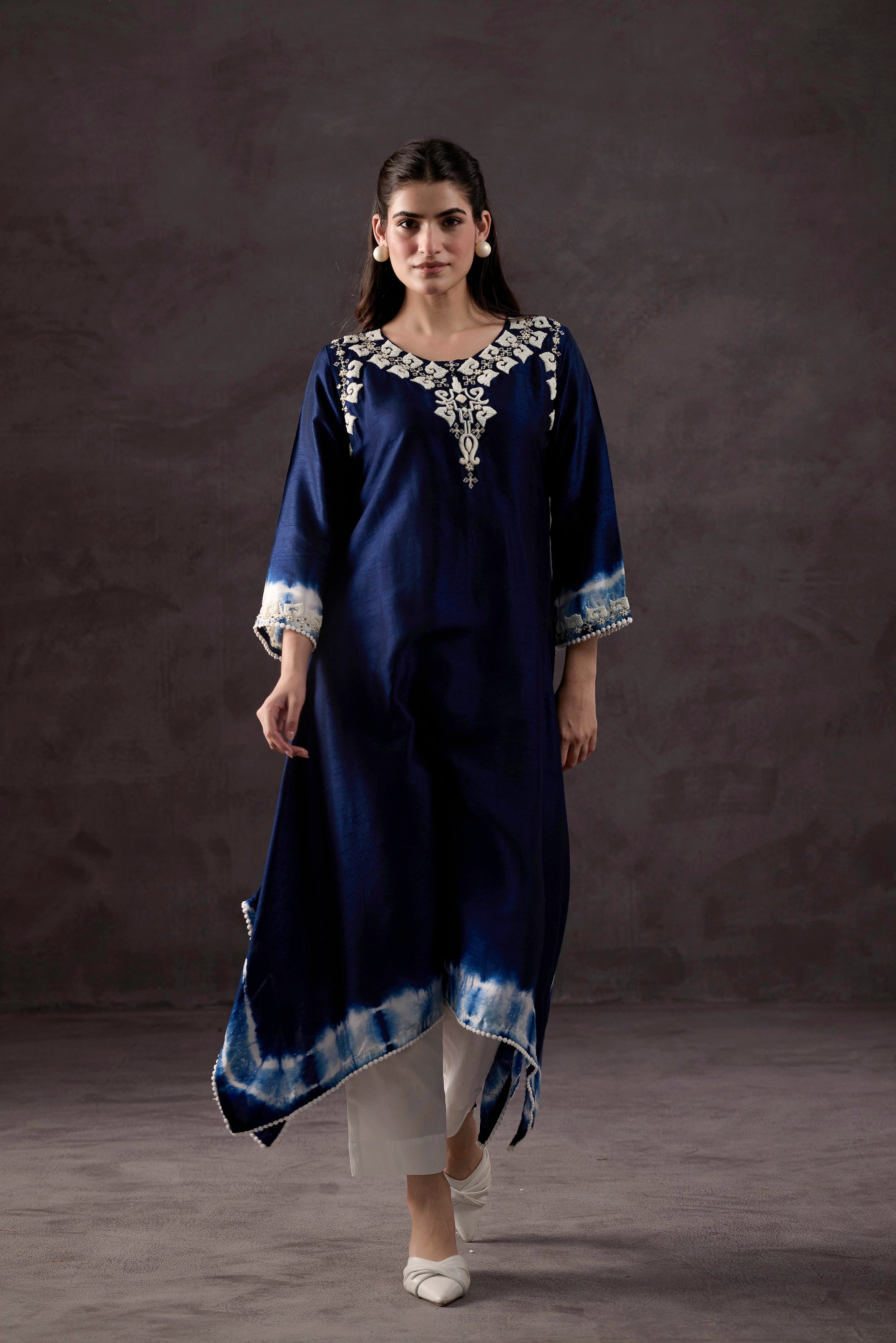 Dark Blue Embellished Raw Silk Kurta Set