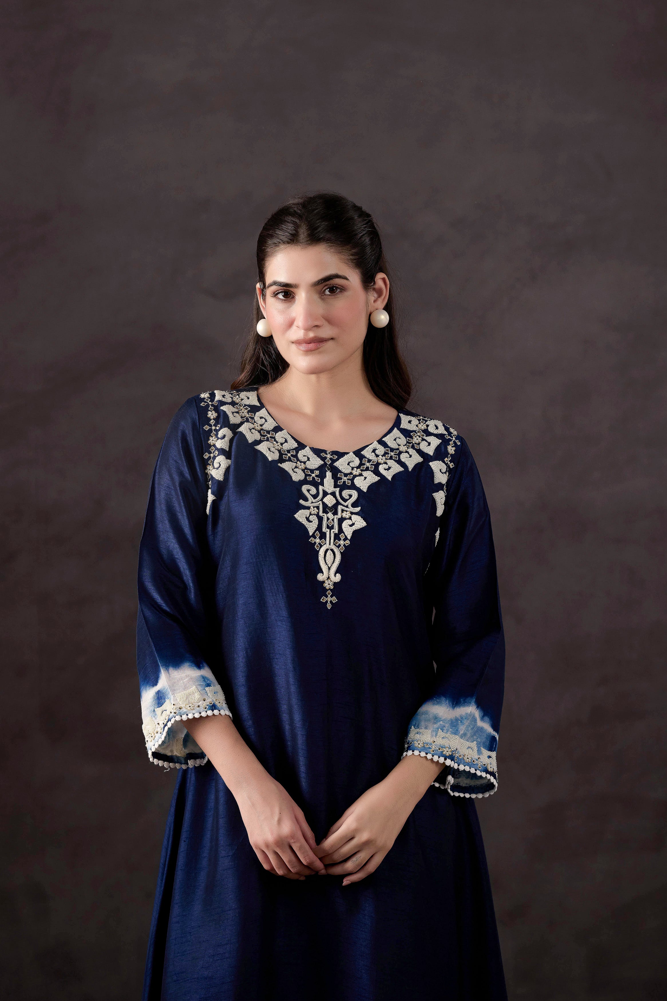 Dark Blue Embellished Raw Silk Kurta Set