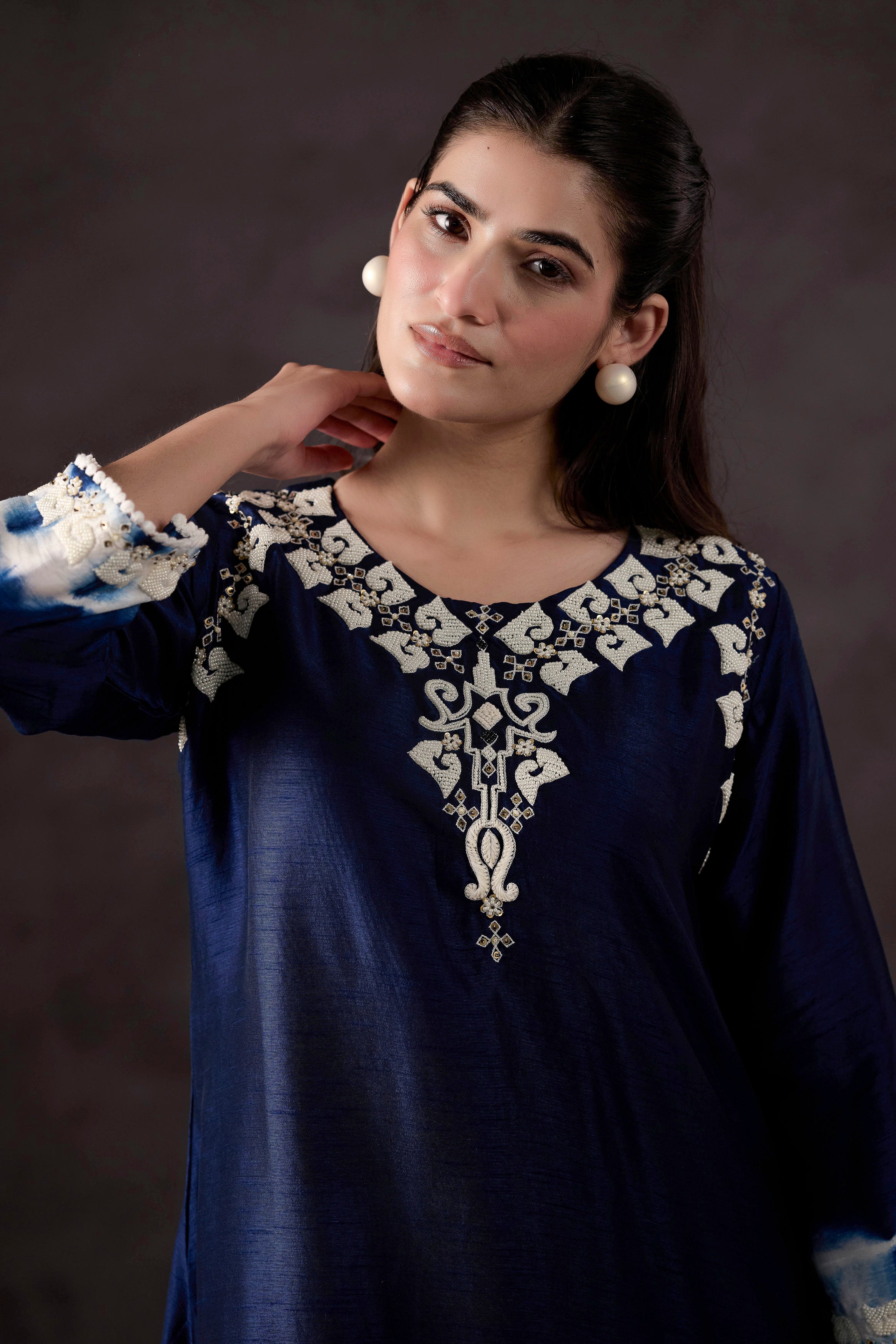 Dark Blue Embellished Raw Silk Kurta Set