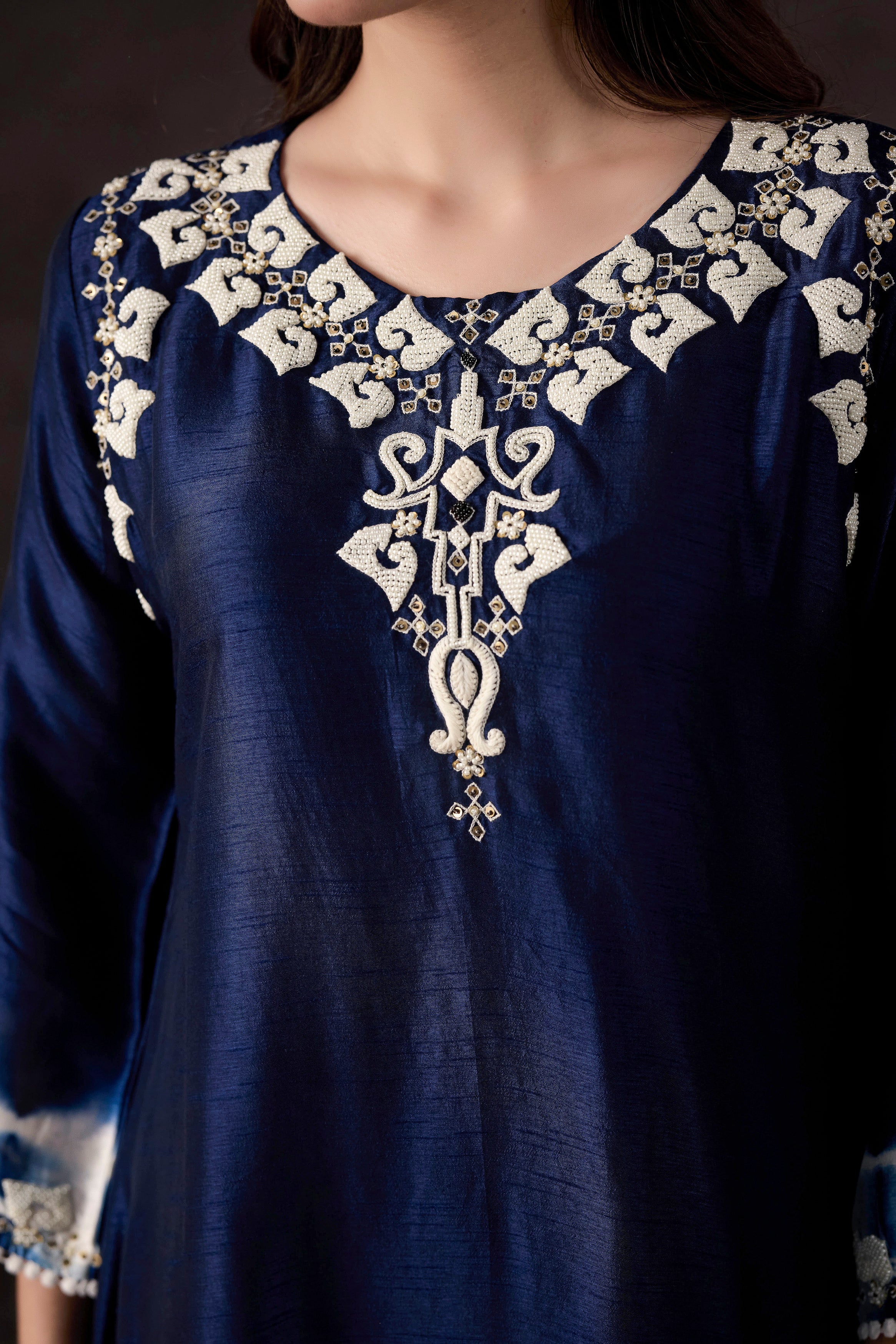 Dark Blue Embellished Raw Silk Kurta Set