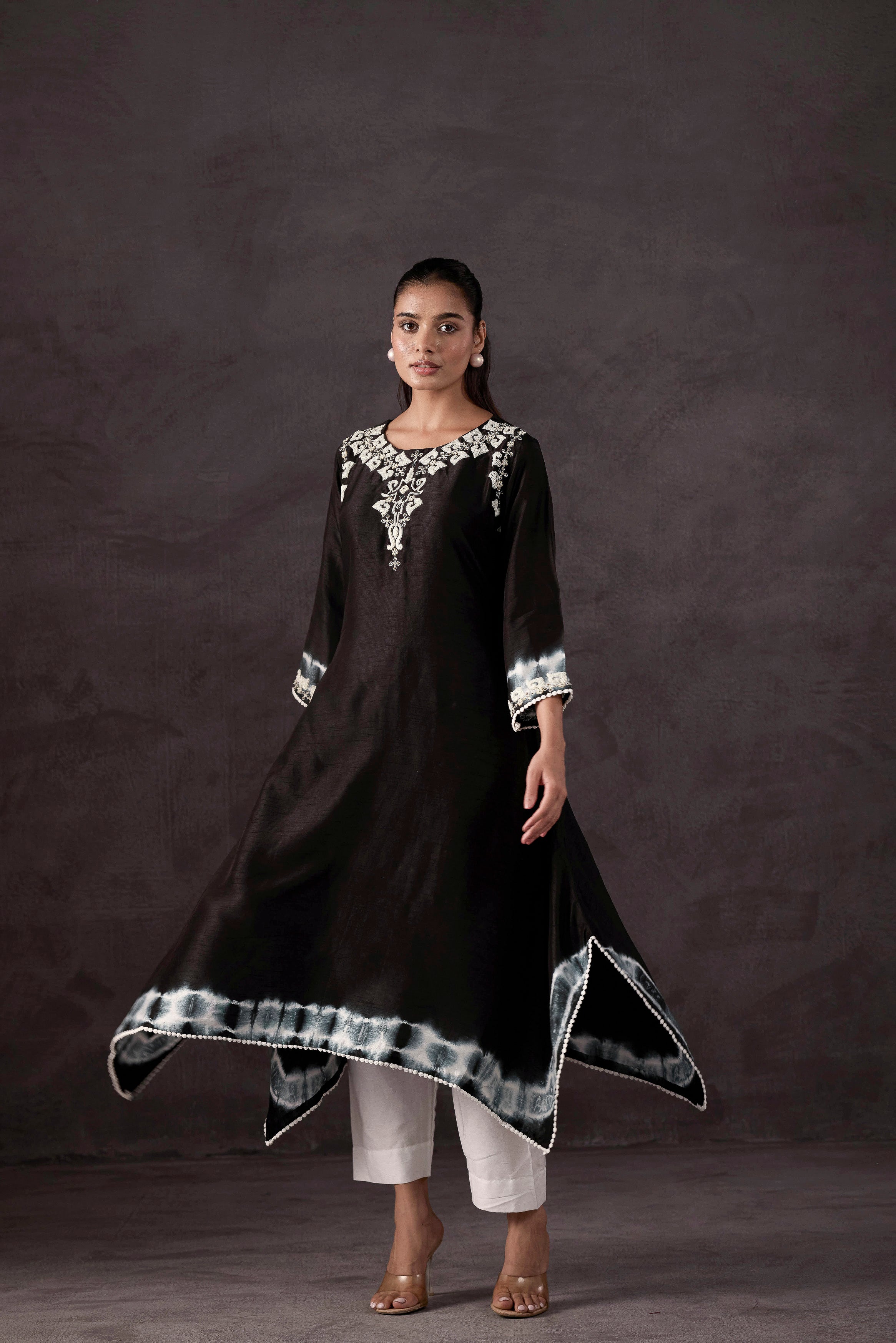 Black Embellished Raw Silk Kurta Set