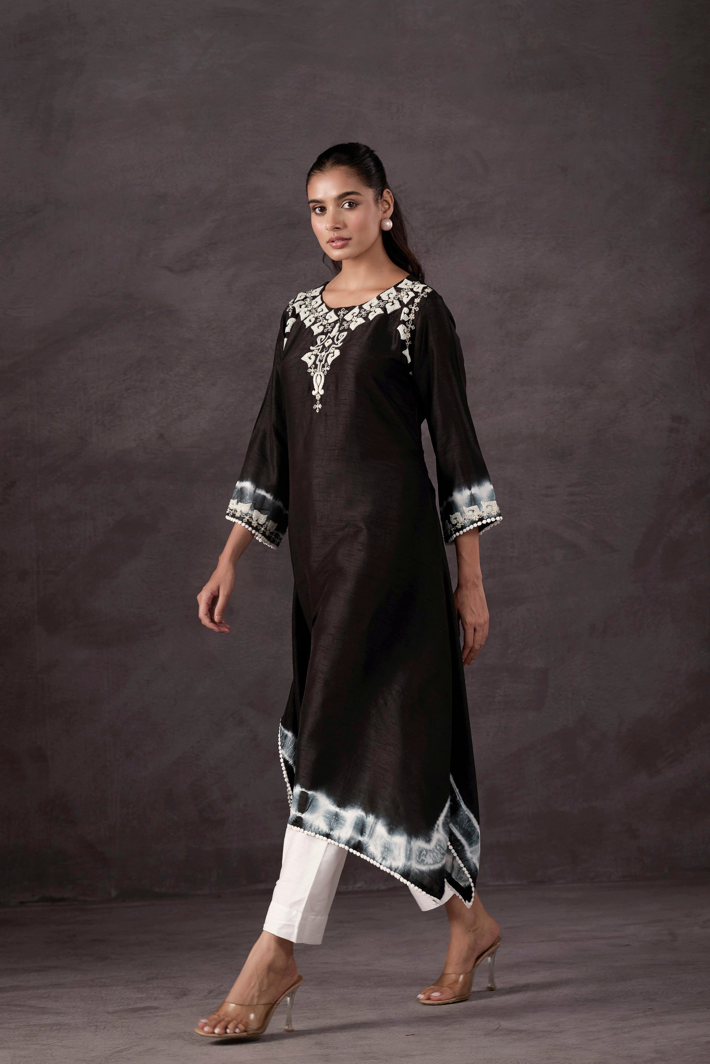 Black Embellished Raw Silk Kurta Set