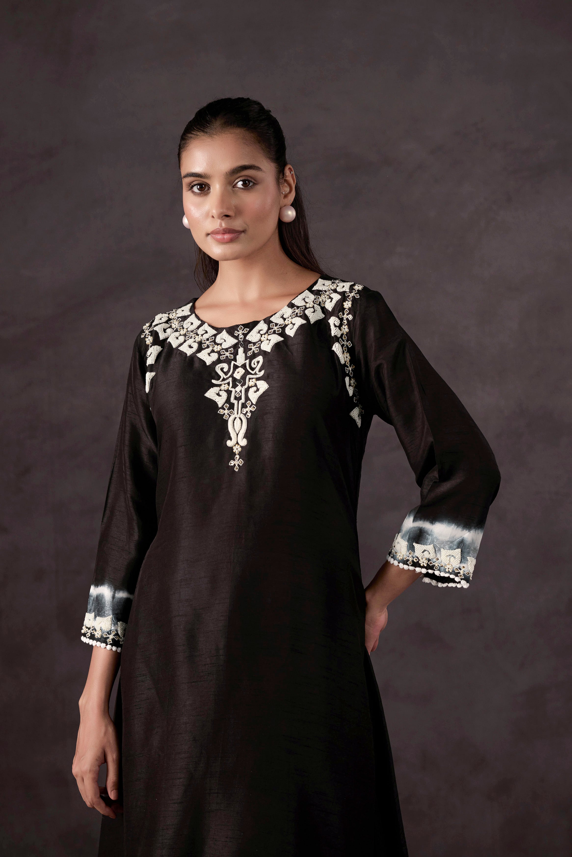 Black Embellished Raw Silk Kurta Set