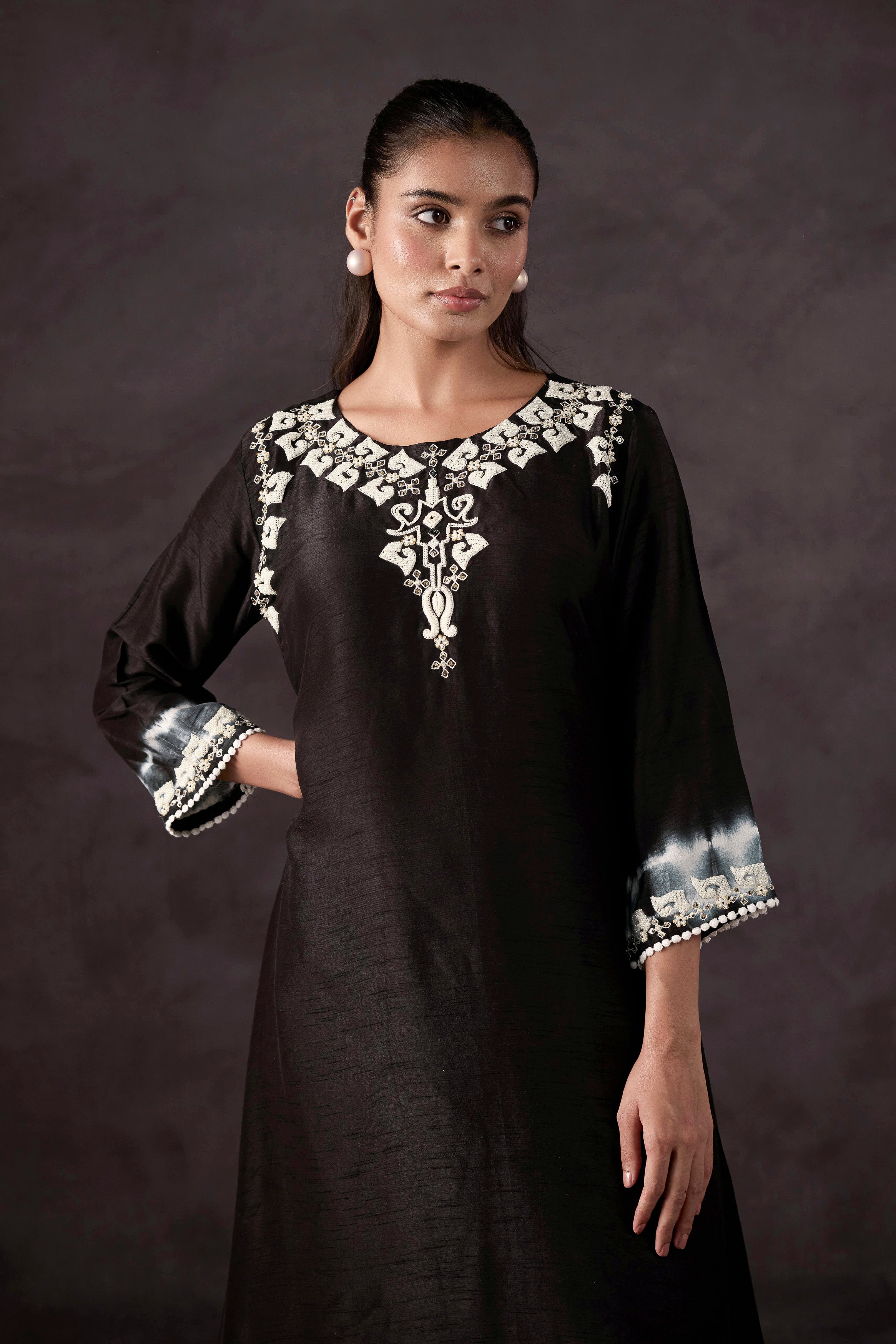 Black Embellished Raw Silk Kurta Set