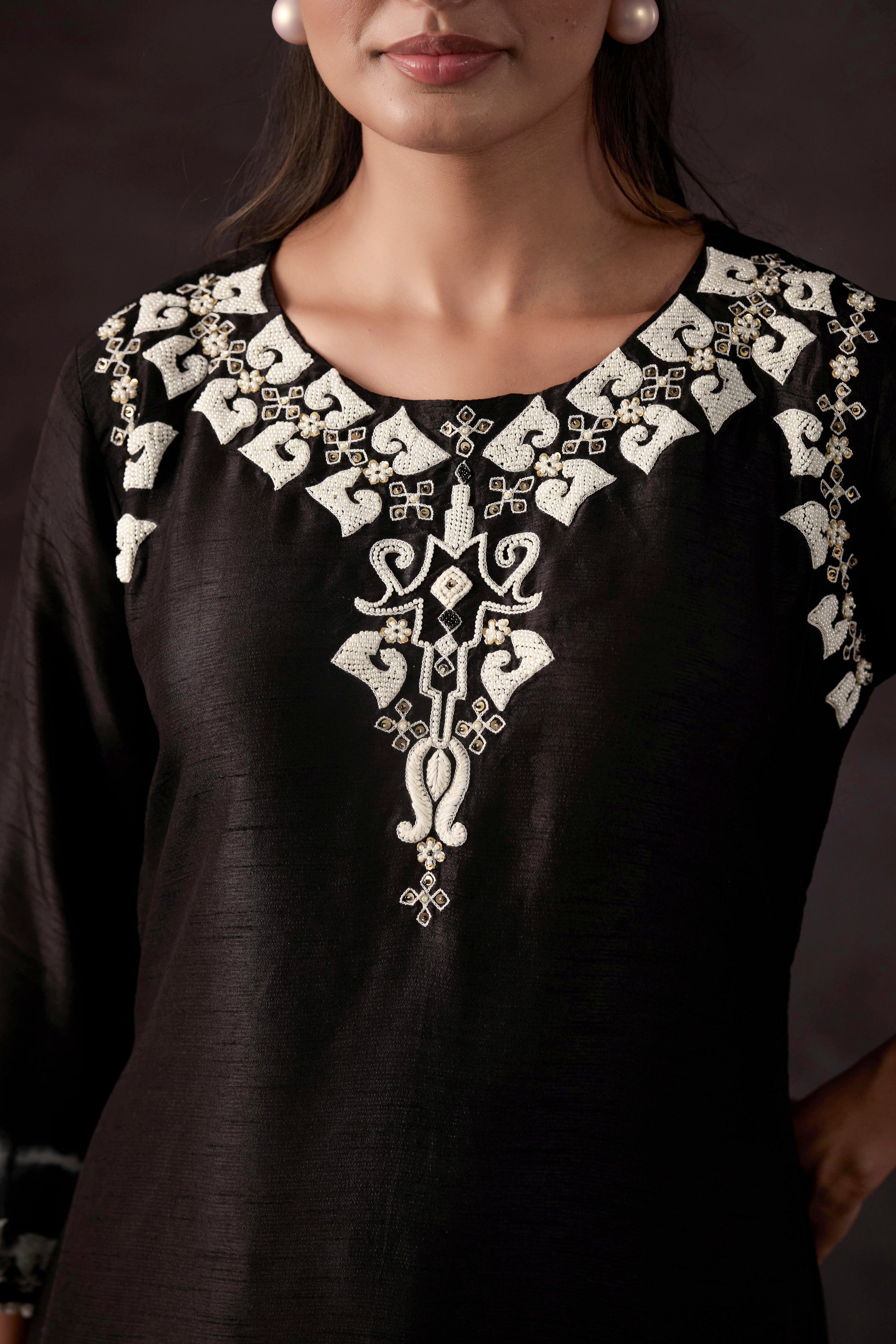 Black Embellished Raw Silk Kurta Set