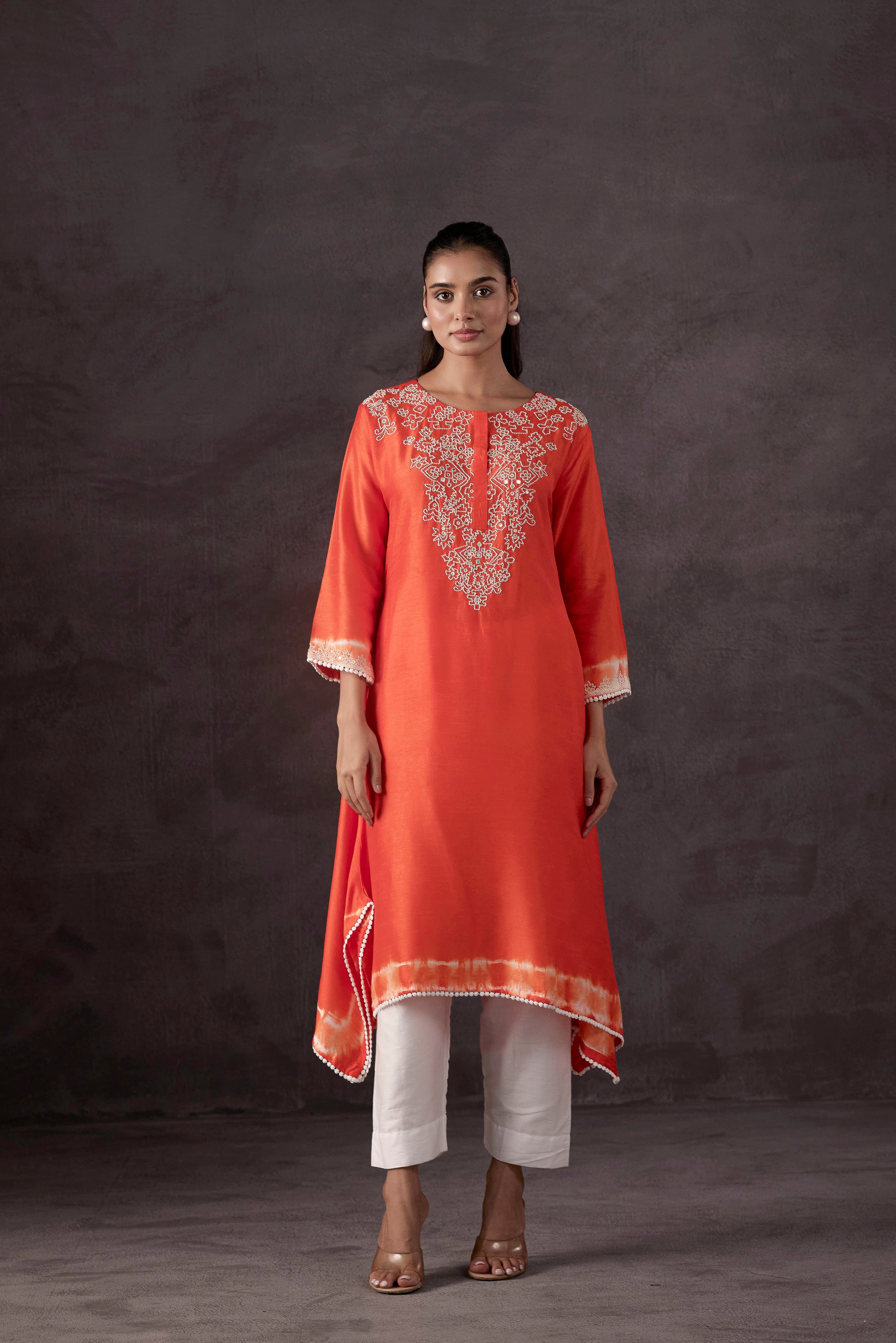 Orange Embellished Raw Silk Kurta Set