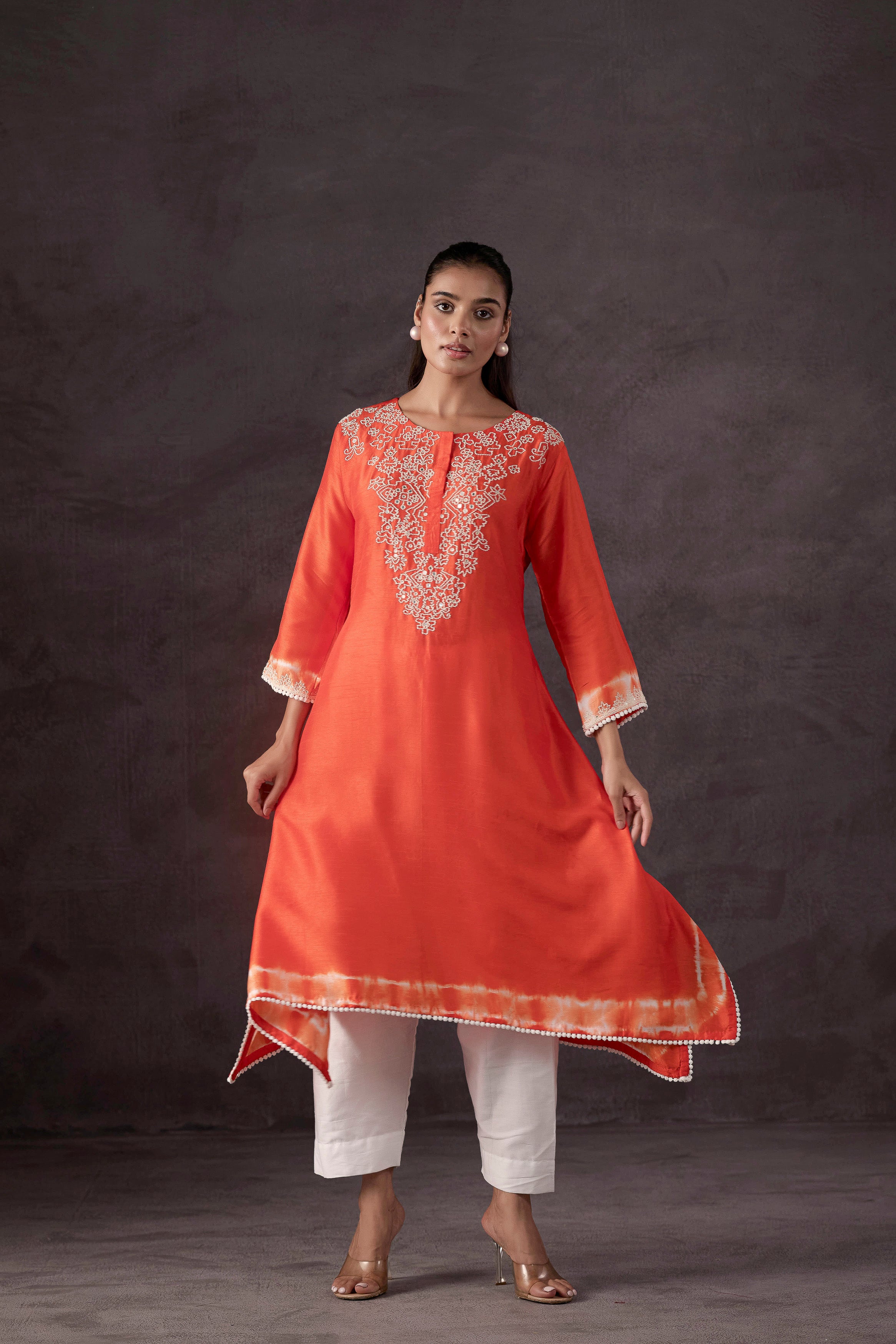 Orange Embellished Raw Silk Kurta Set