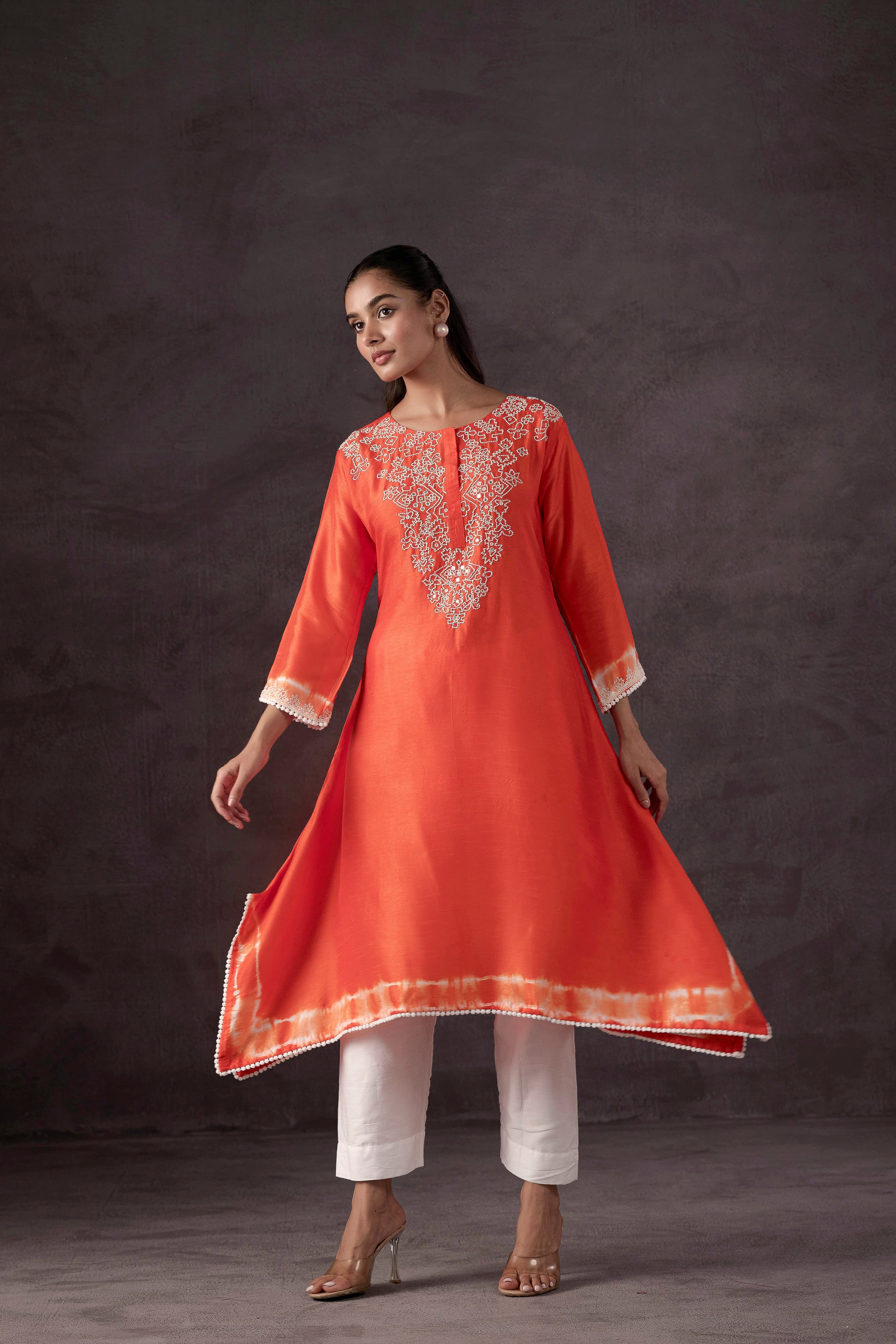 Orange Embellished Raw Silk Kurta Set