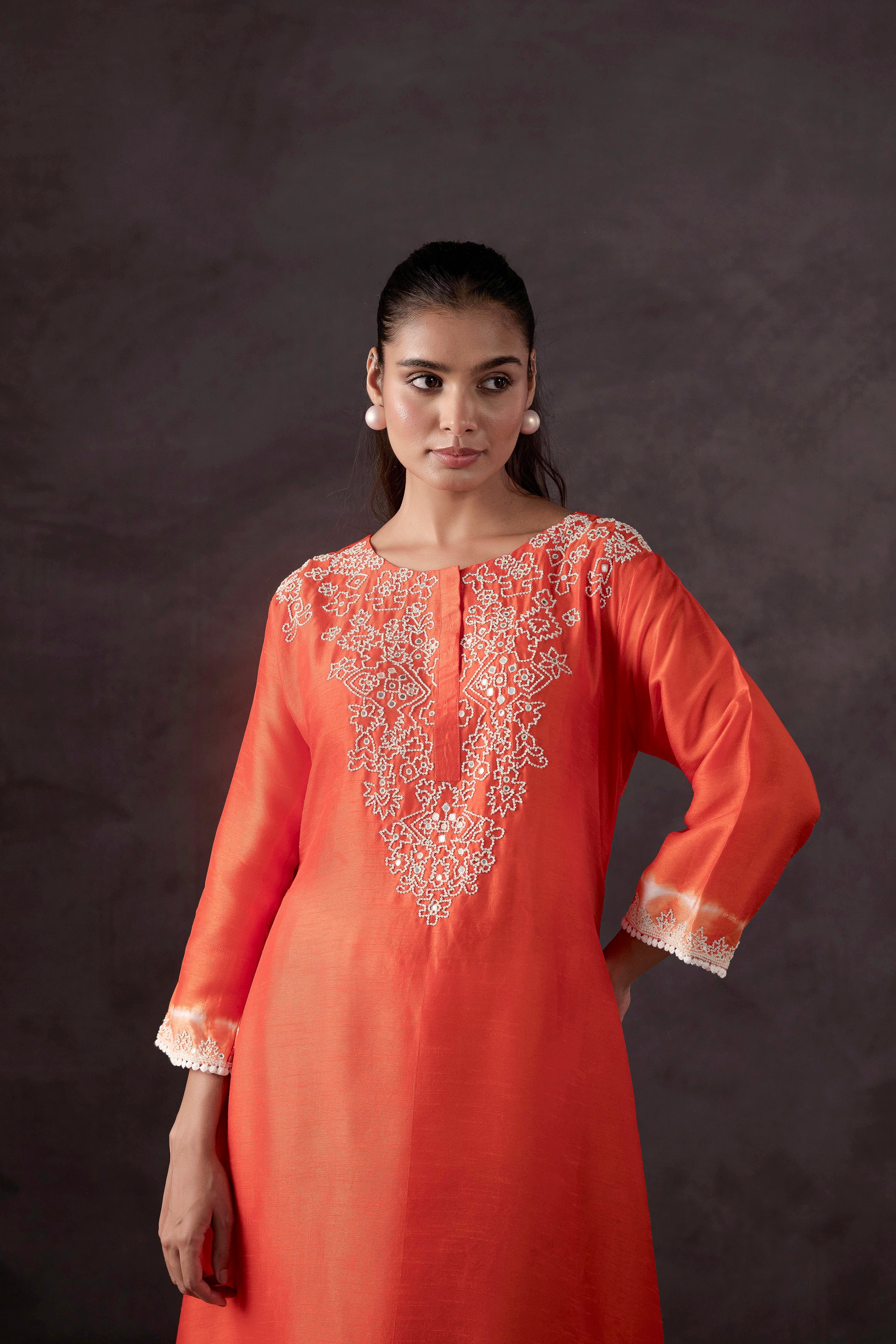 Orange Embellished Raw Silk Kurta Set