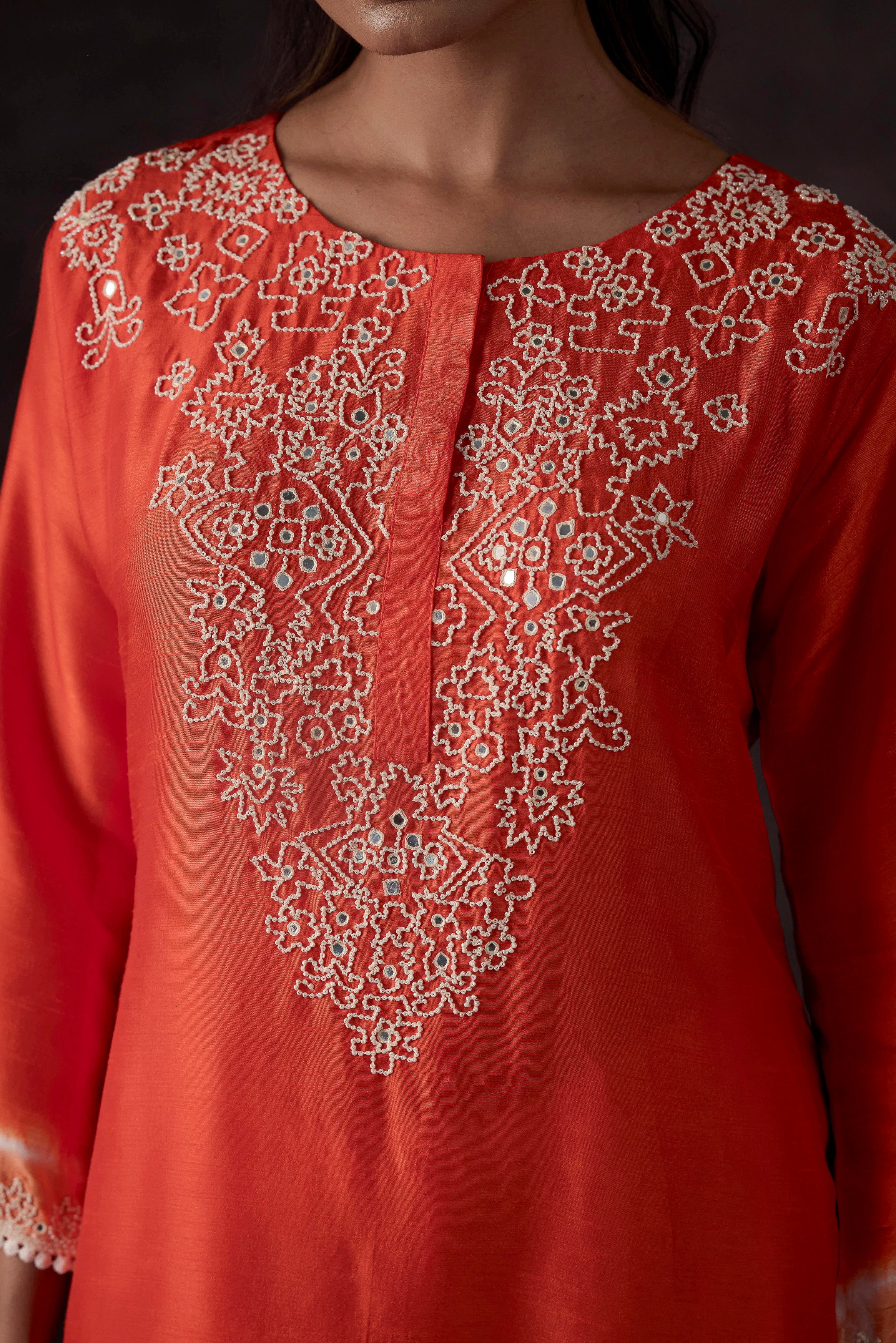 Orange Embellished Raw Silk Kurta Set
