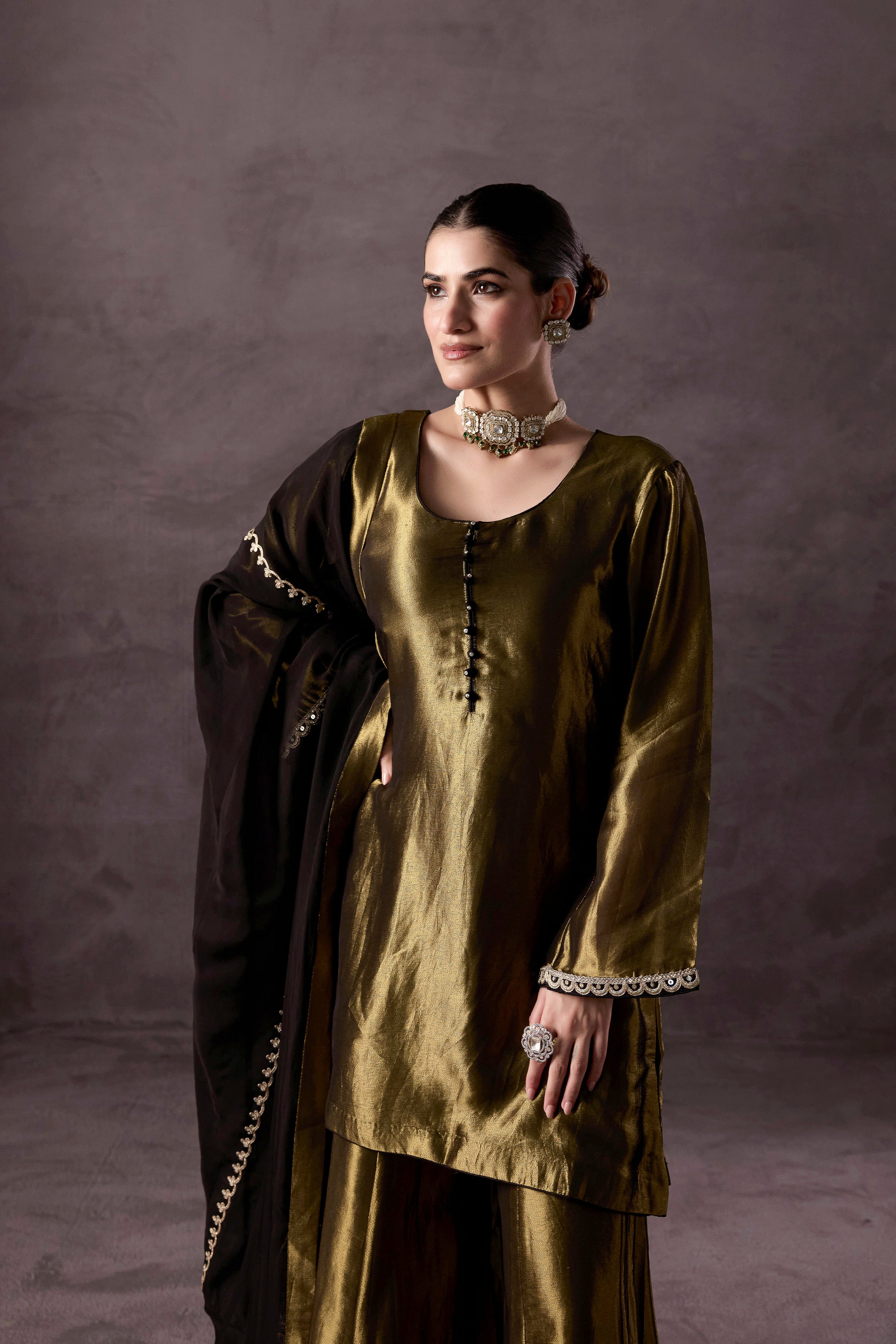 Olive Green Embellished Shimmer Tissue Silk Sharara Set