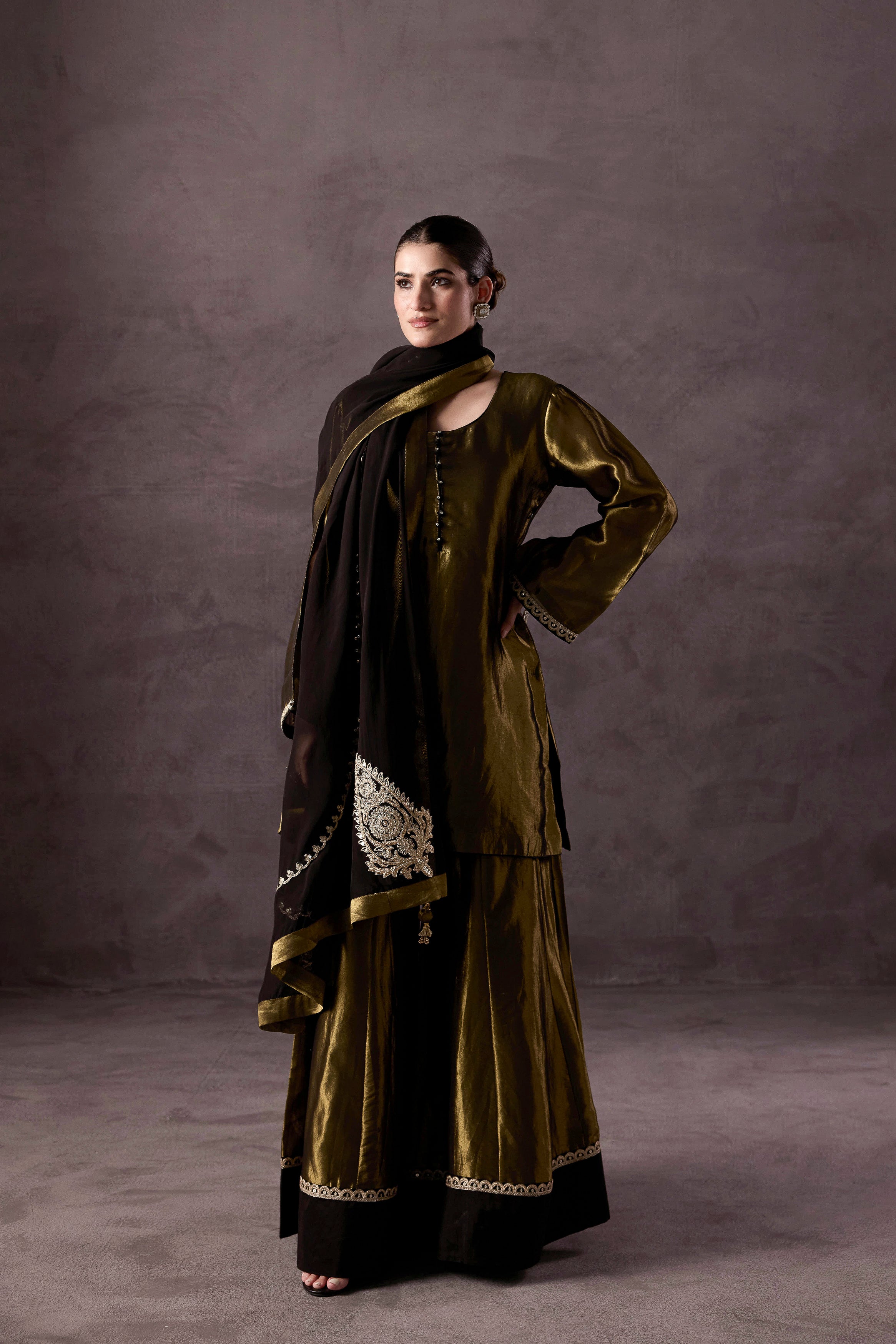 Olive Green Embellished Shimmer Tissue Silk Sharara Set