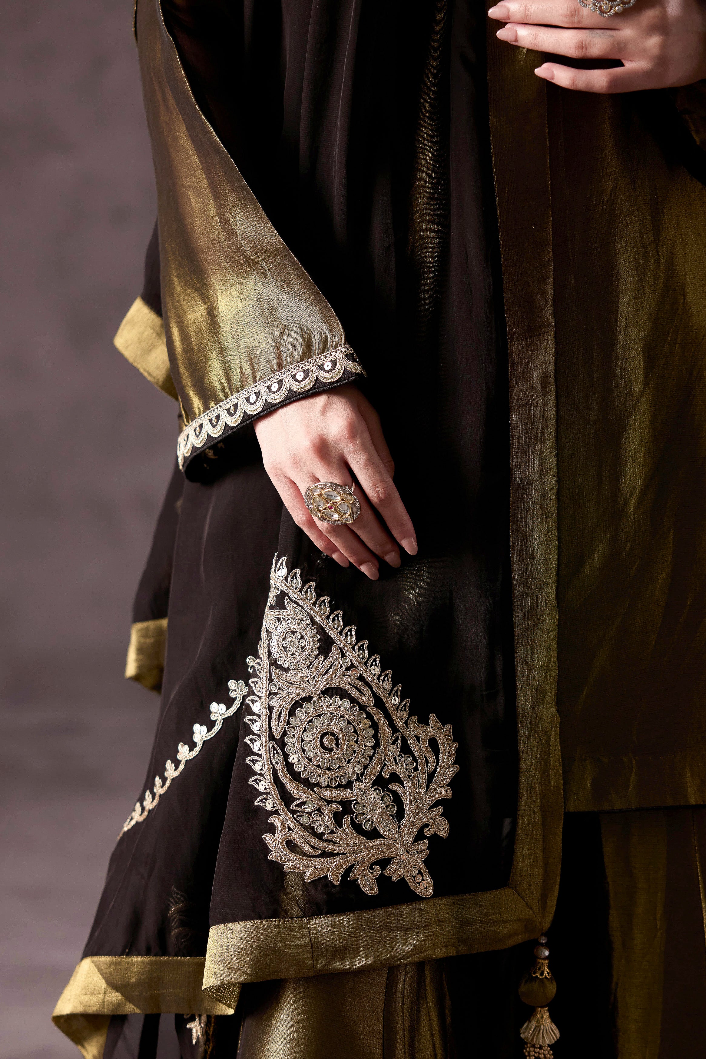 Olive Green Embellished Shimmer Tissue Silk Sharara Set