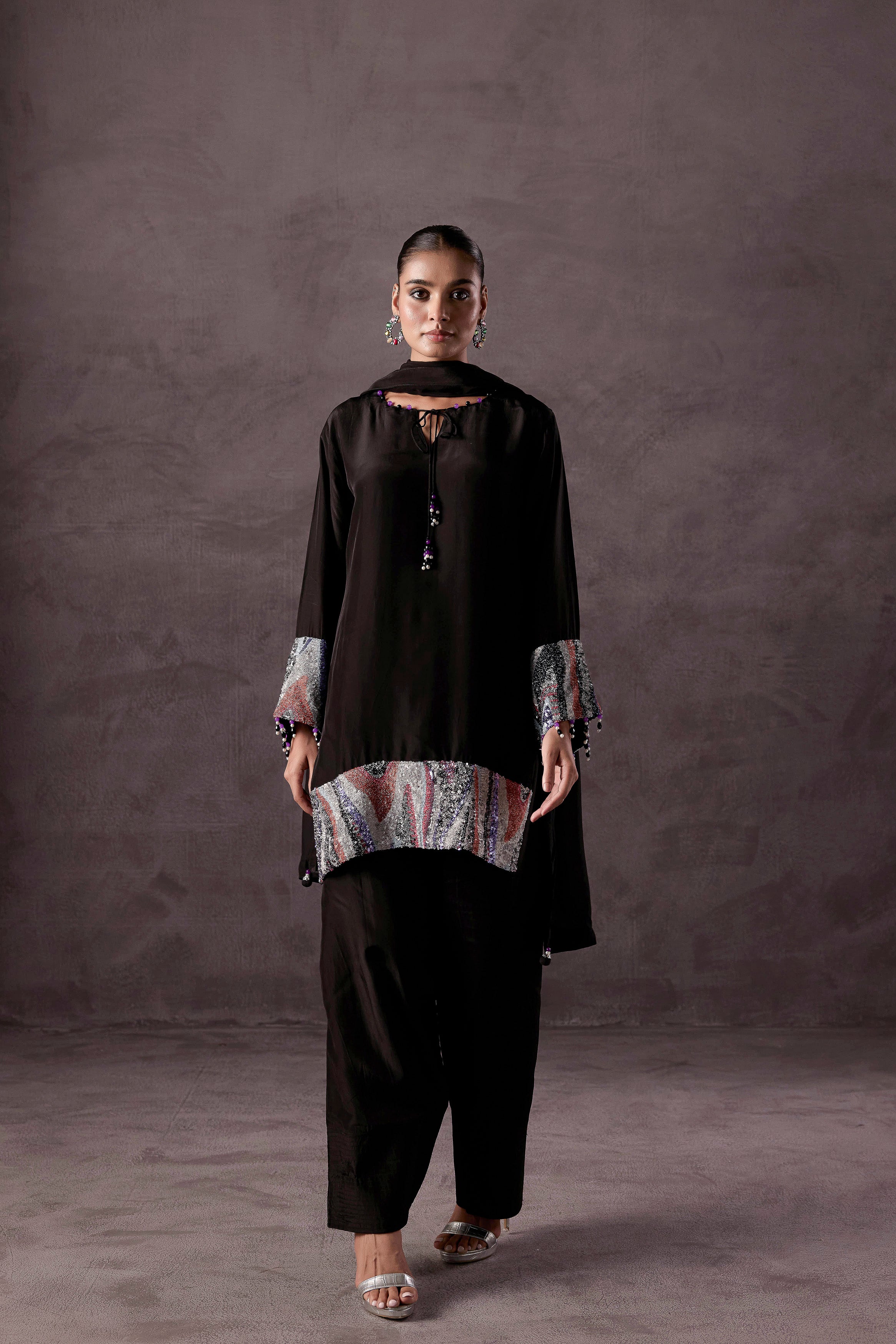 Classic Black Embellished Muslin Silk Dhoti Set