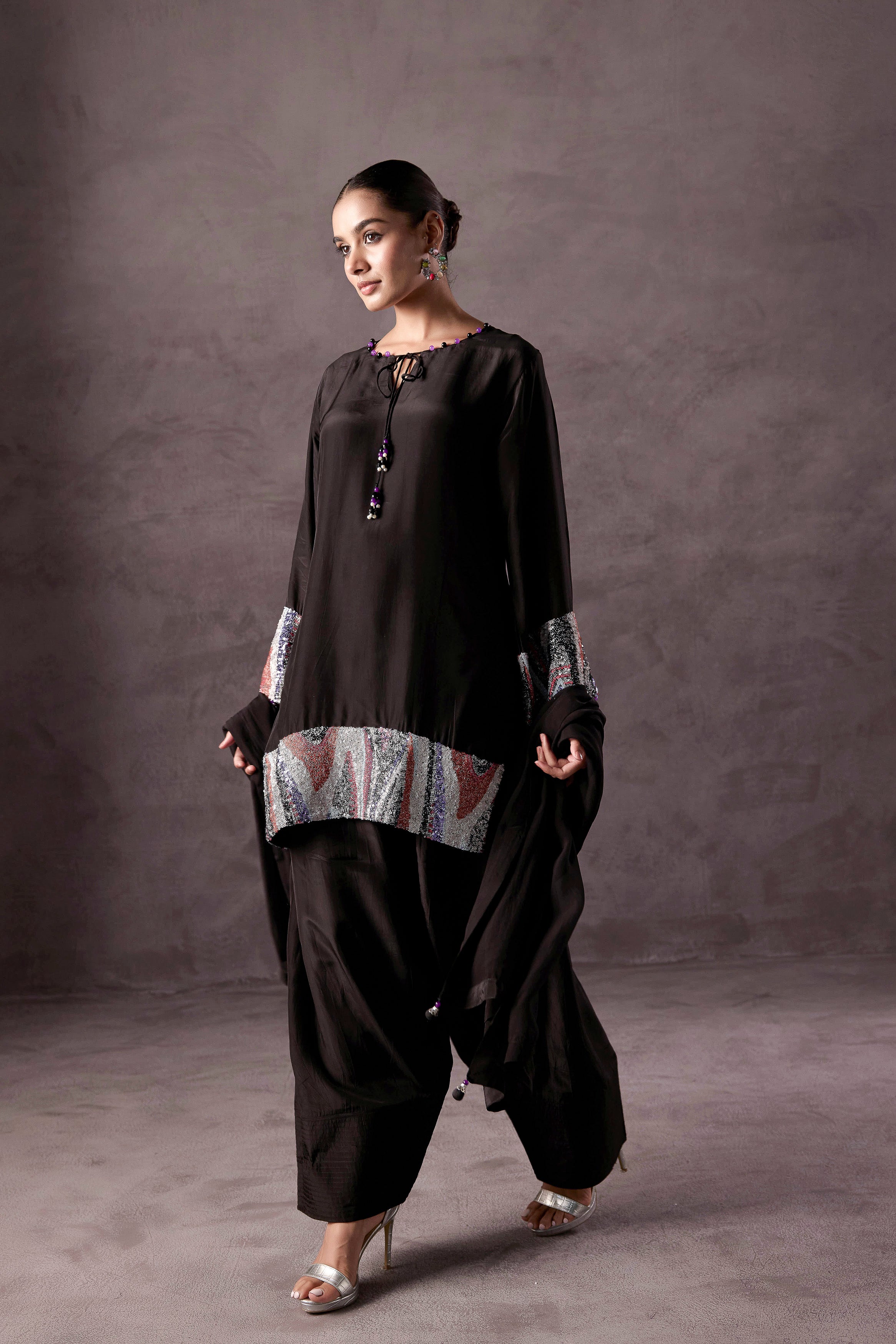 Classic Black Embellished Muslin Silk Dhoti Set