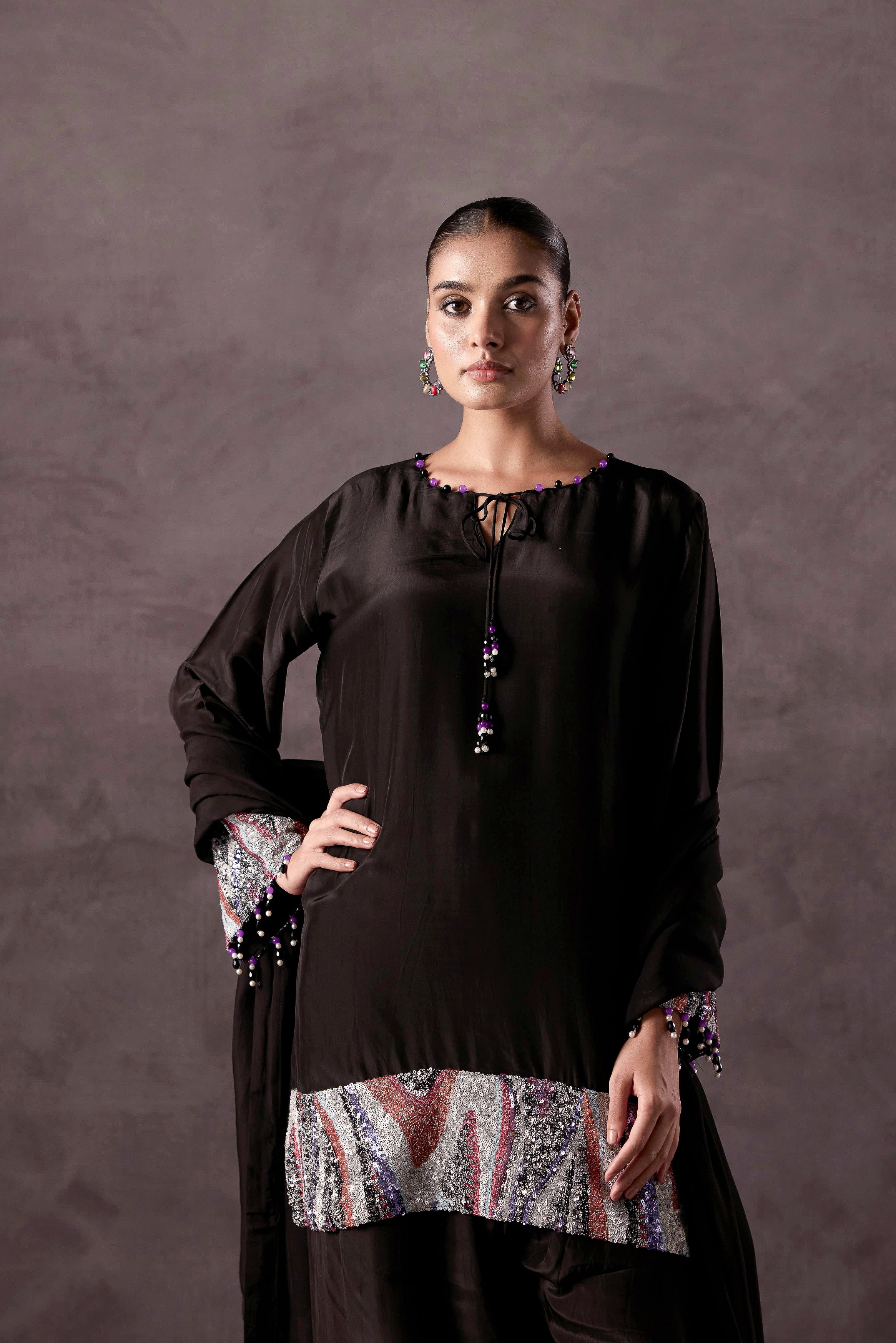 Classic Black Embellished Muslin Silk Dhoti Set