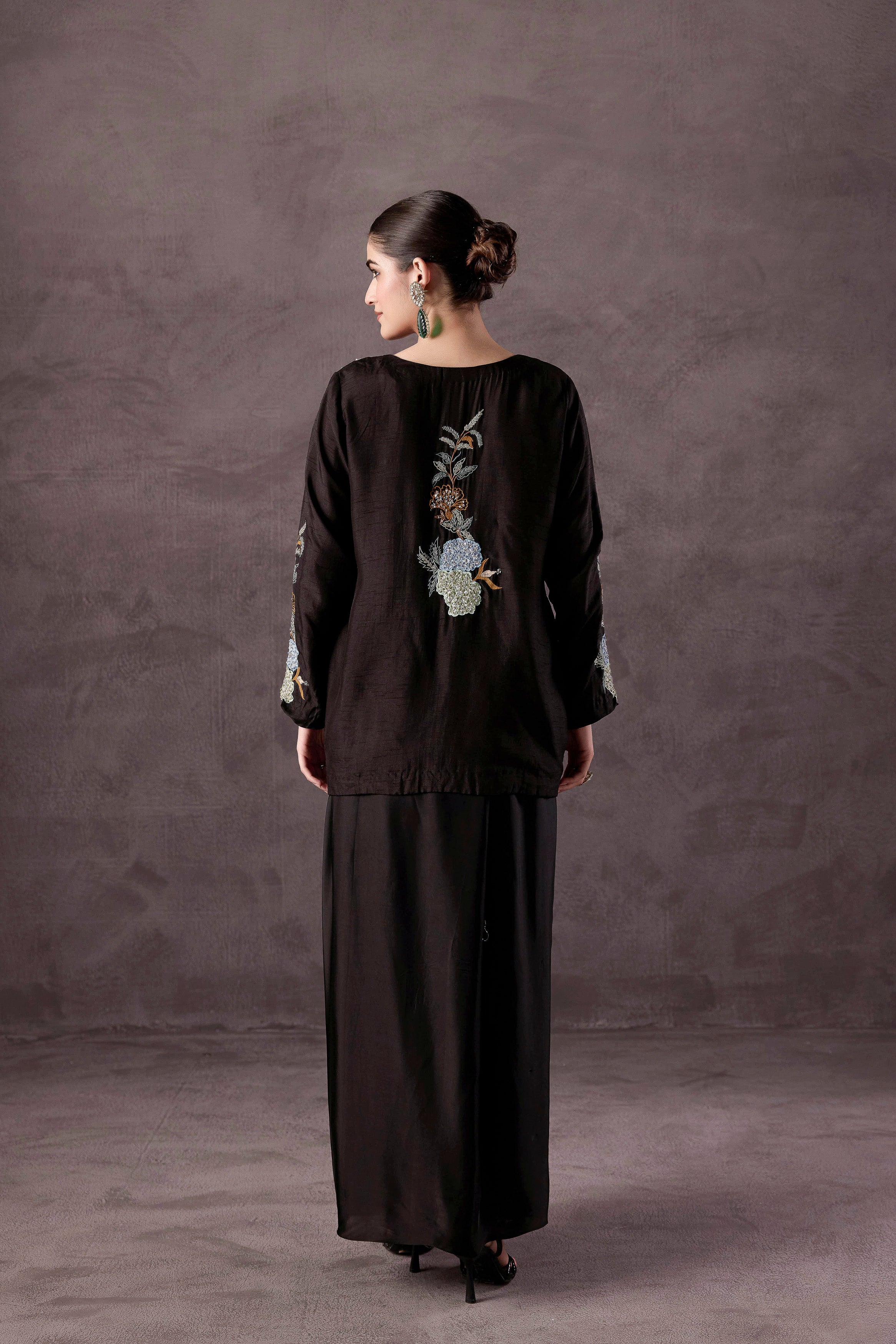 Deep Black Embellished Crepe Silk Drape Skirt Set