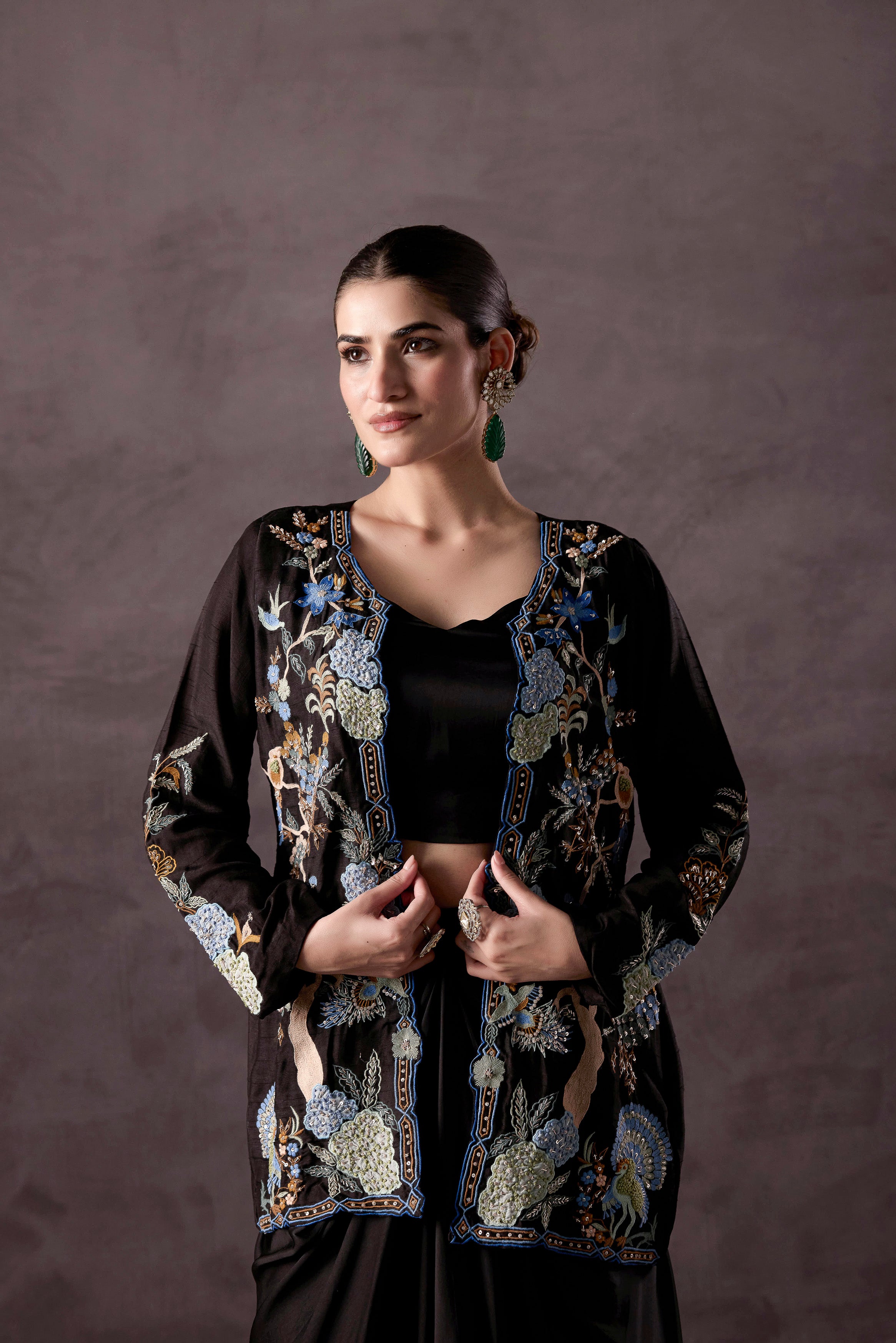 Deep Black Embellished Crepe Silk Drape Skirt Set