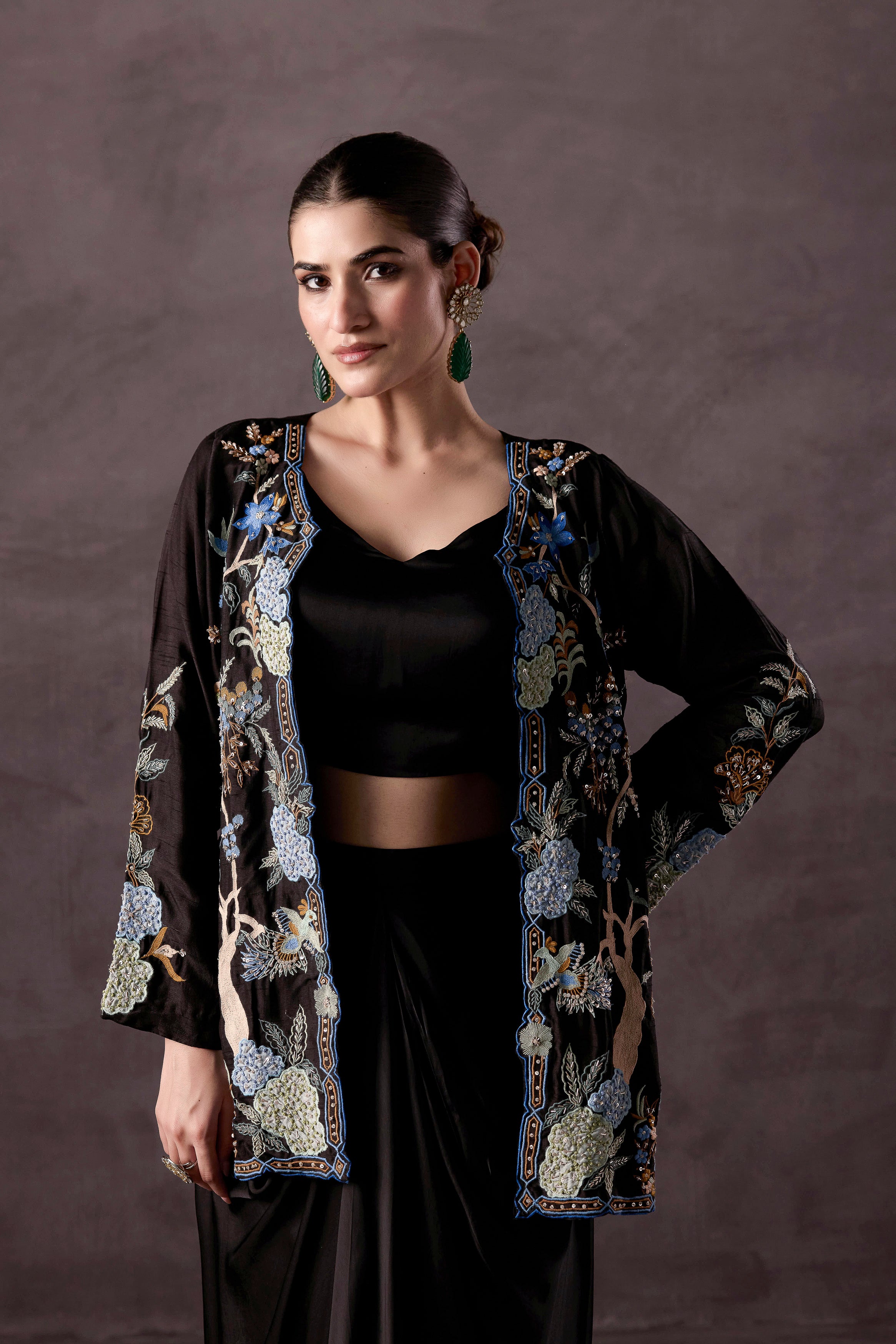 Deep Black Embellished Crepe Silk Drape Skirt Set