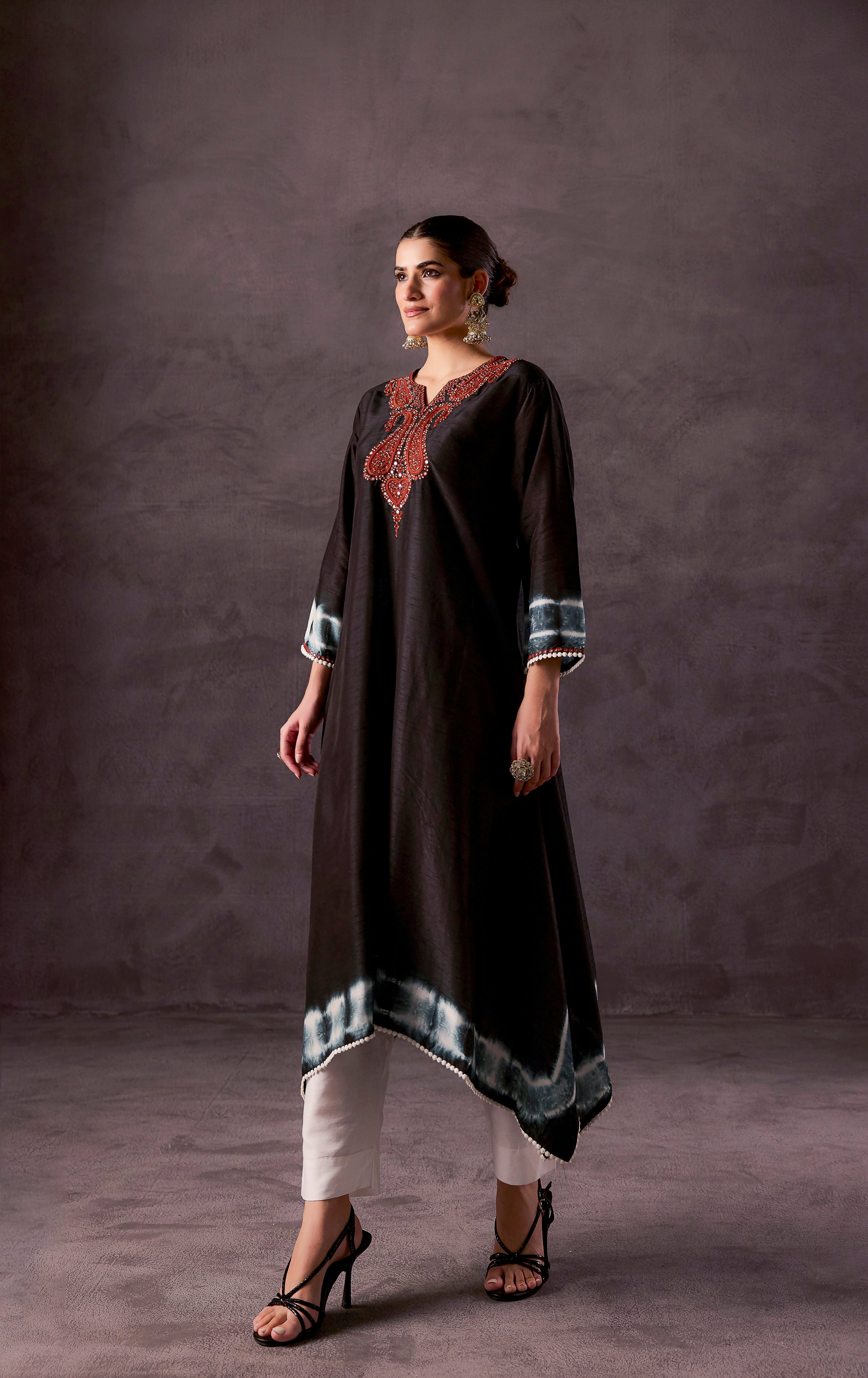 Black Embellished Raw Silk Kurta Set