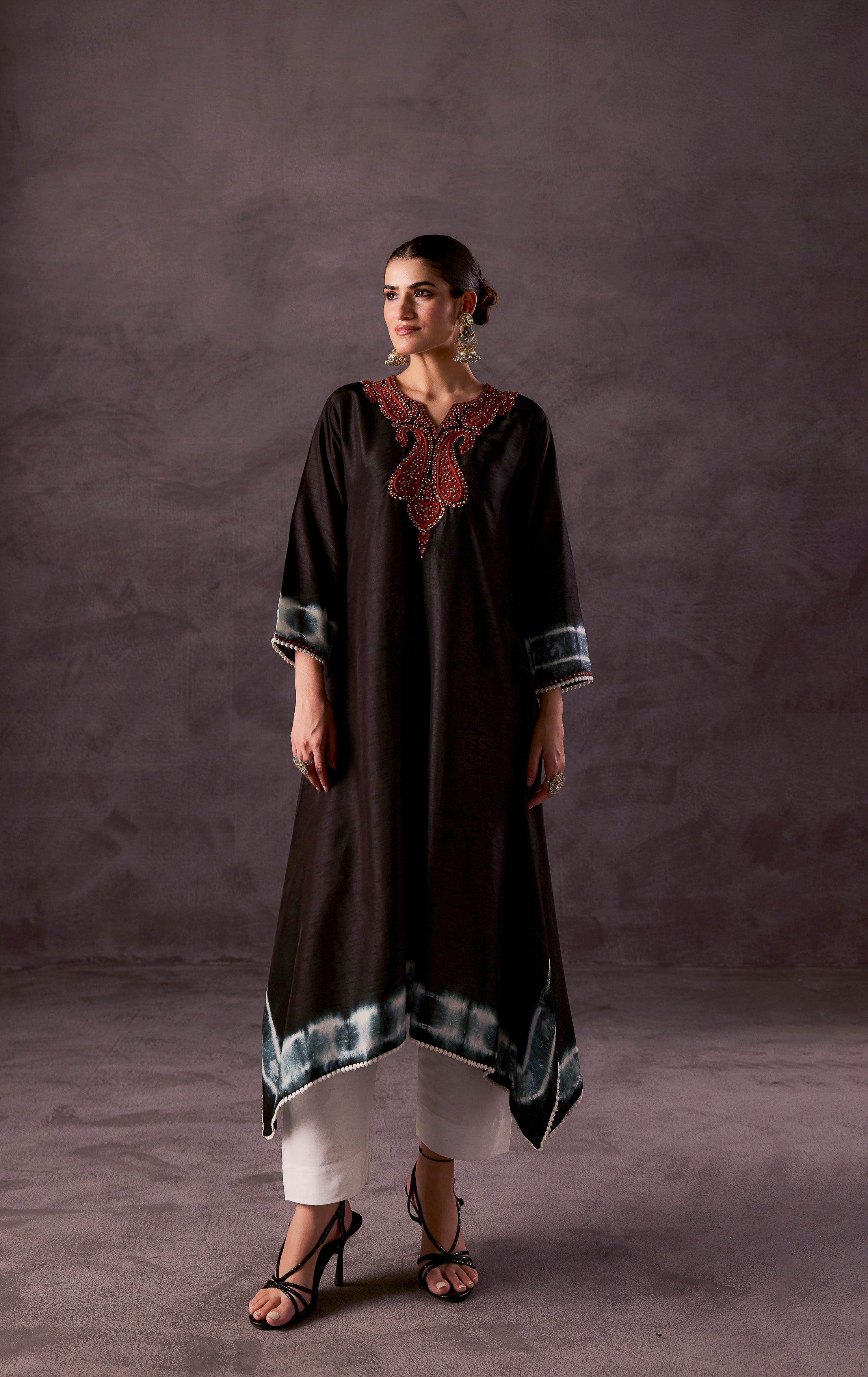 Black Embellished Raw Silk Kurta Set