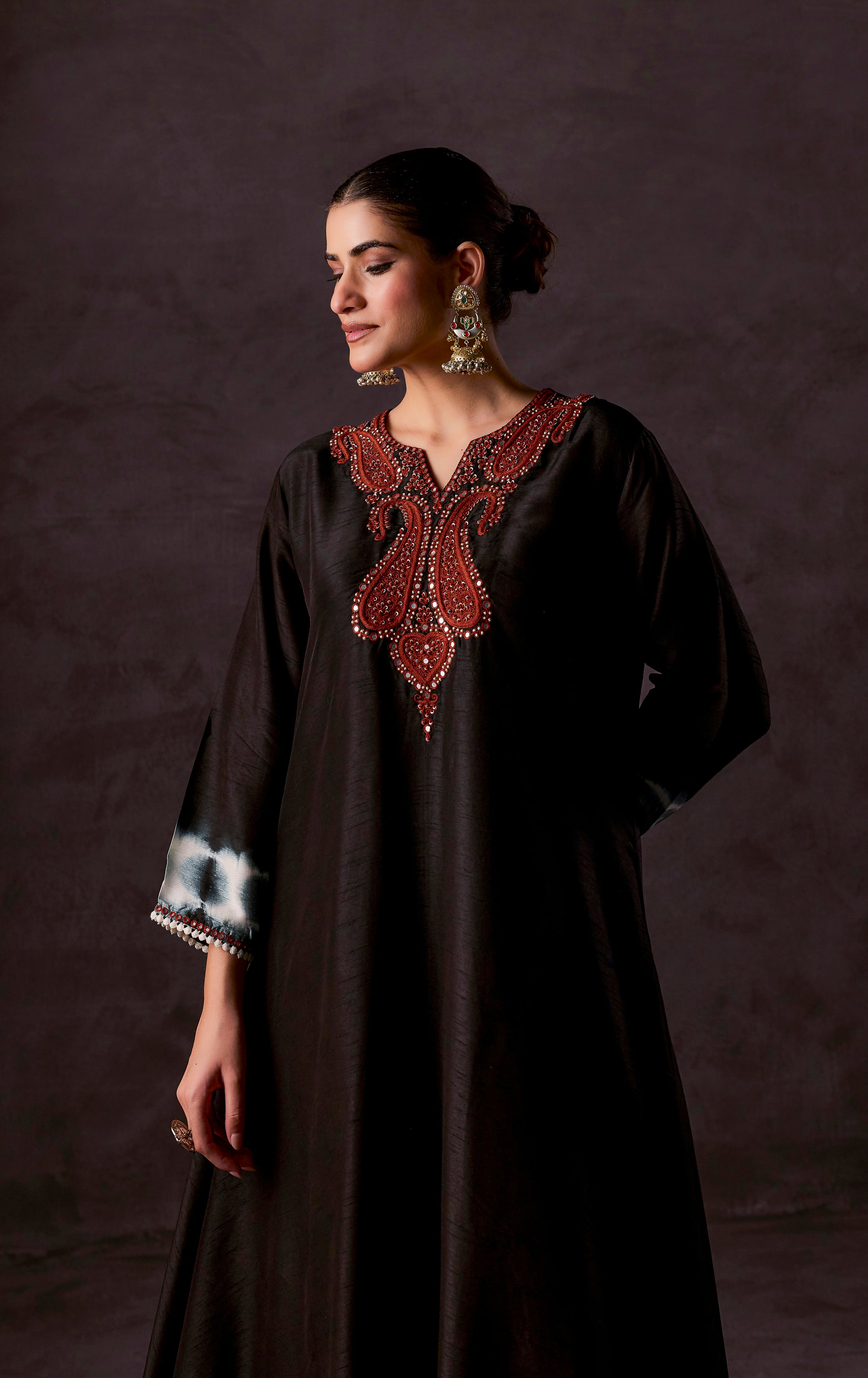 Black Embellished Raw Silk Kurta Set