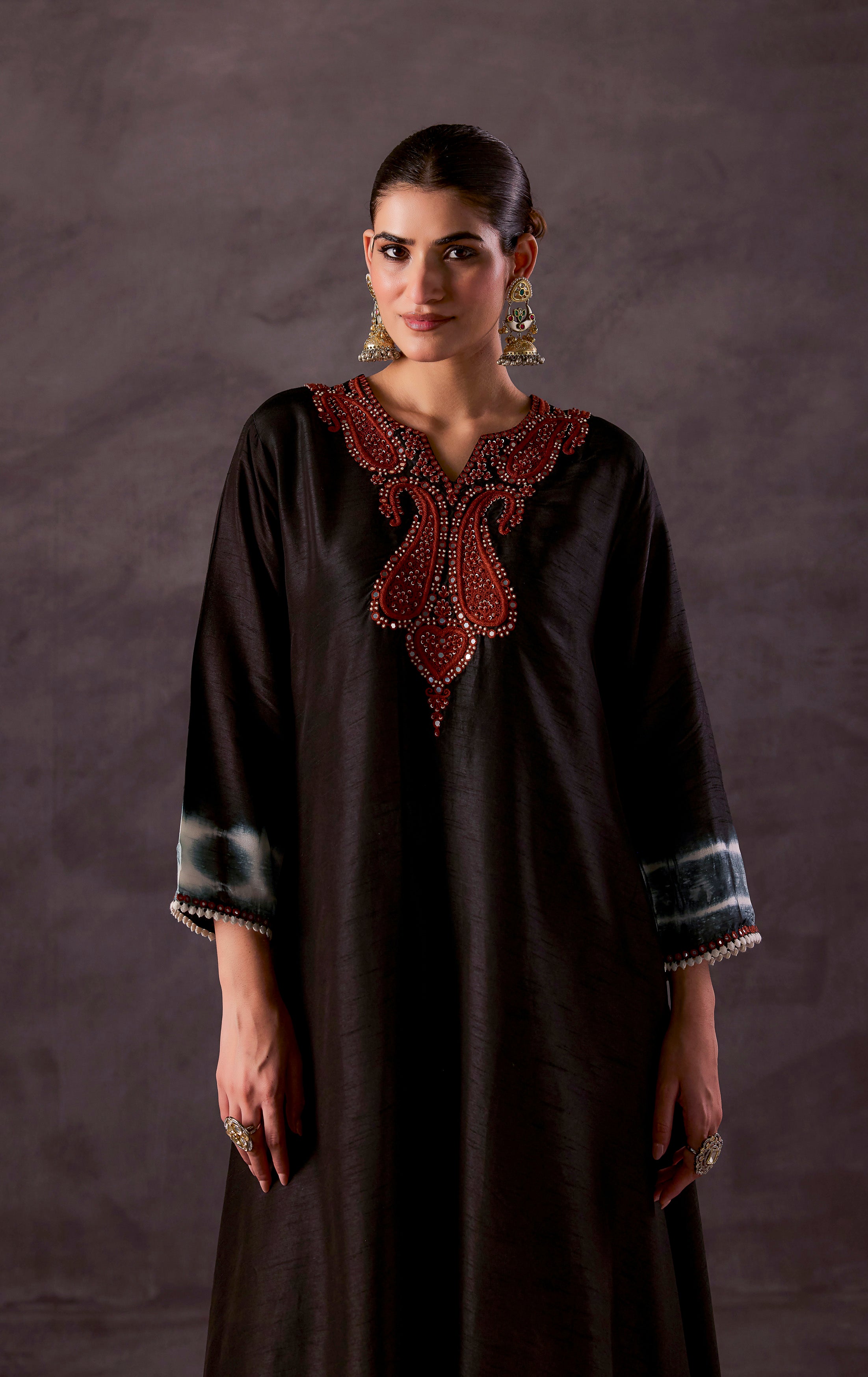 Black Embellished Raw Silk Kurta Set