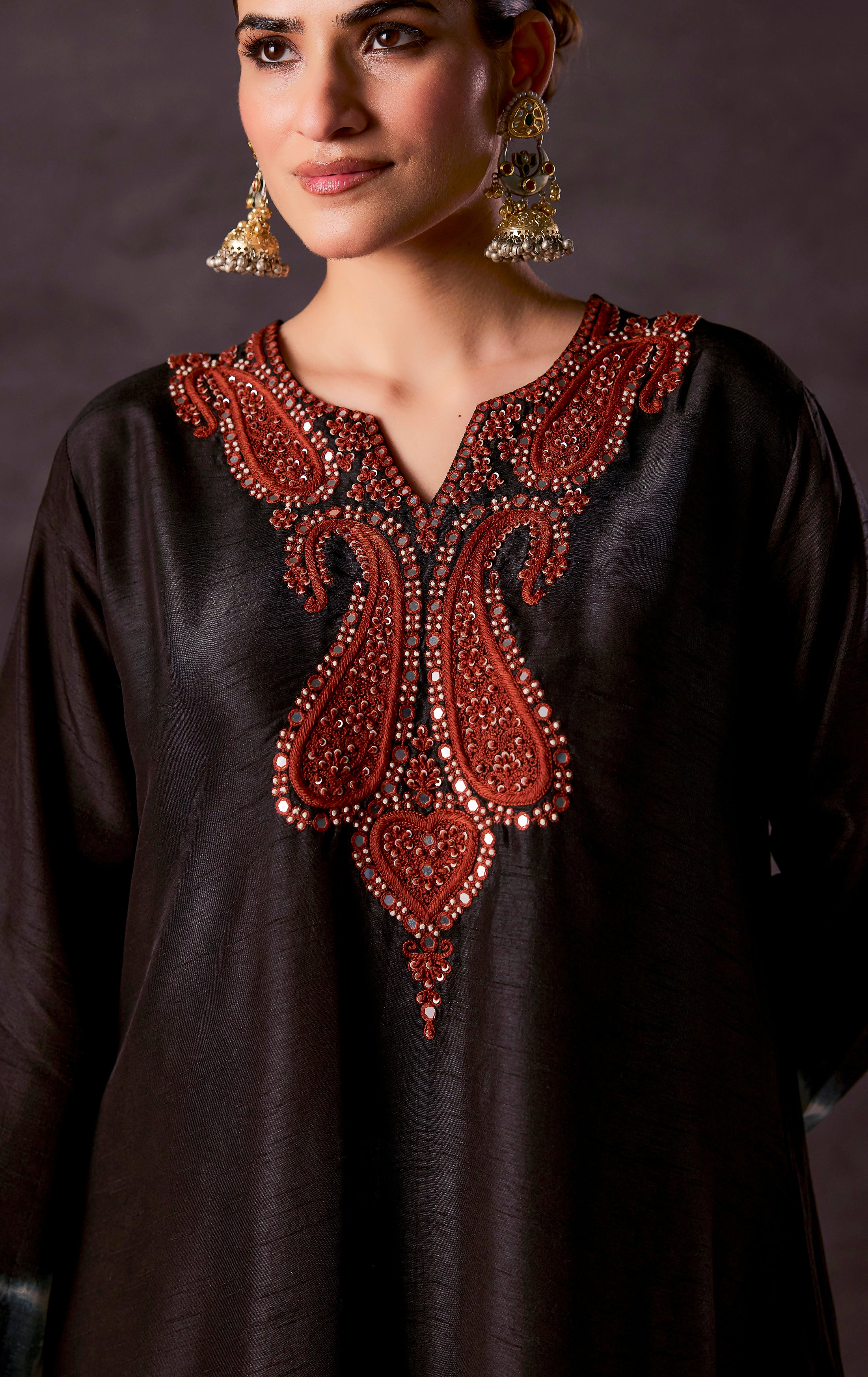 Black Embellished Raw Silk Kurta Set