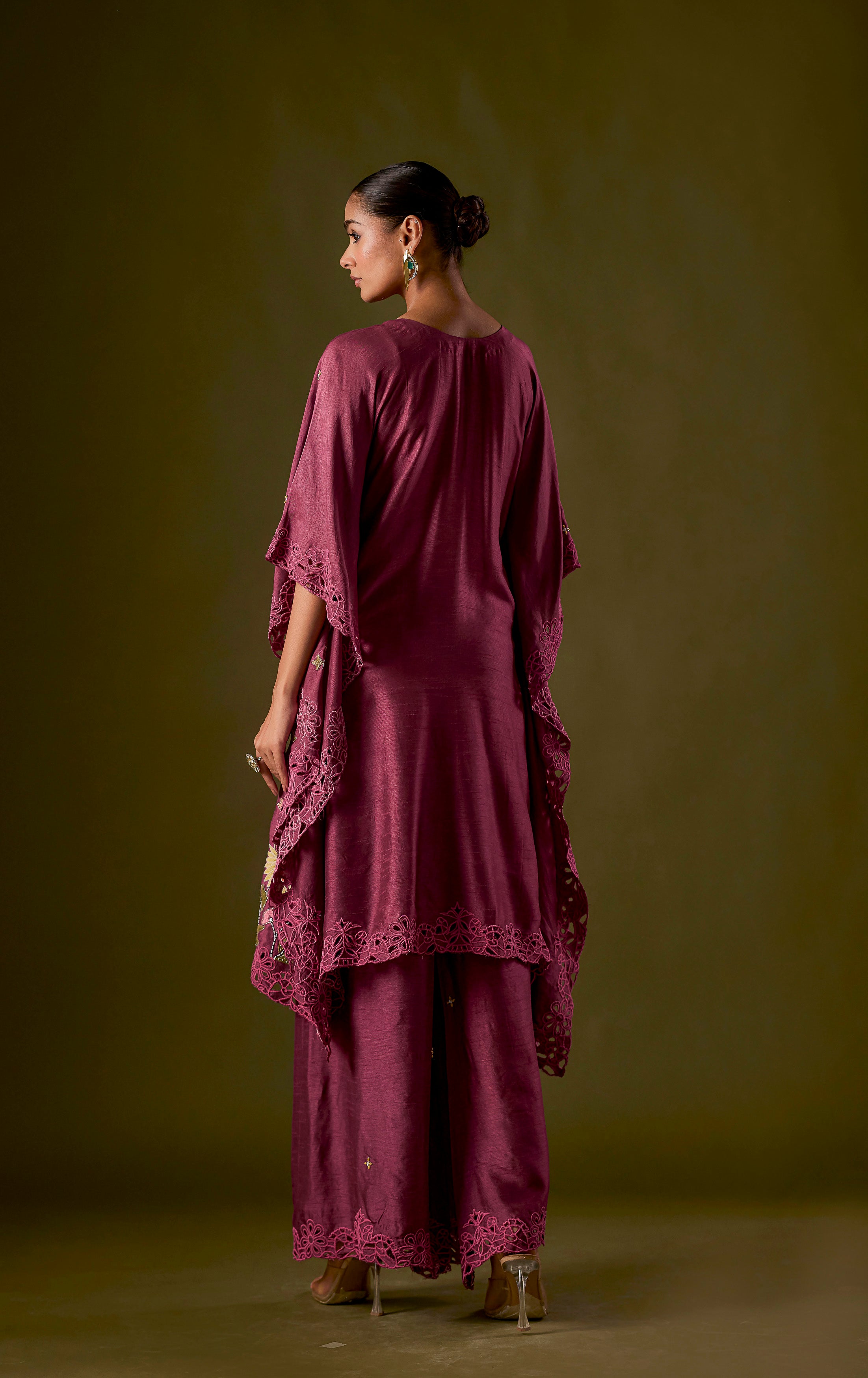 Pastel Purple Embellished Raw Silk Kaftan Pant Set