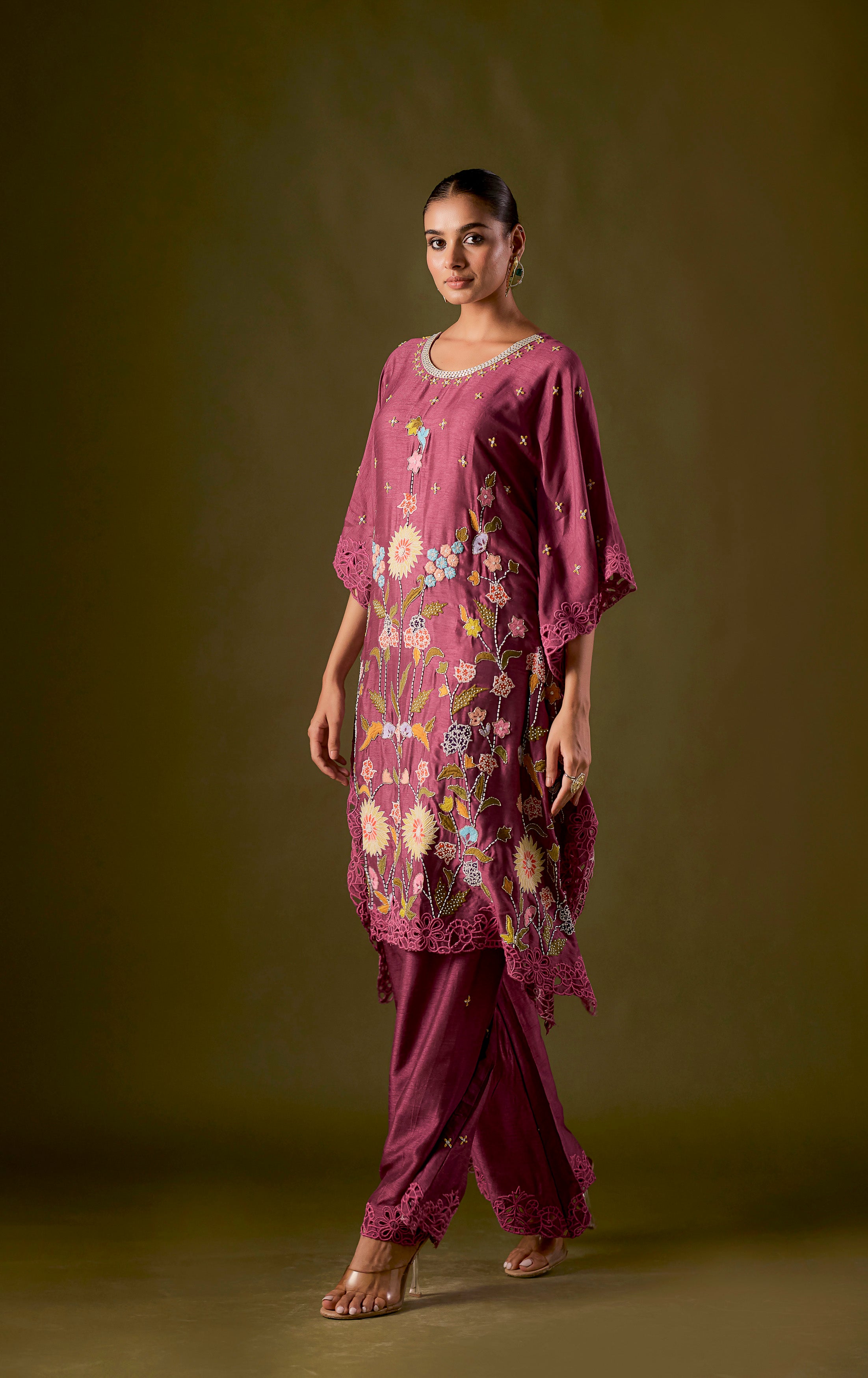 Pastel Purple Embellished Raw Silk Kaftan Pant Set