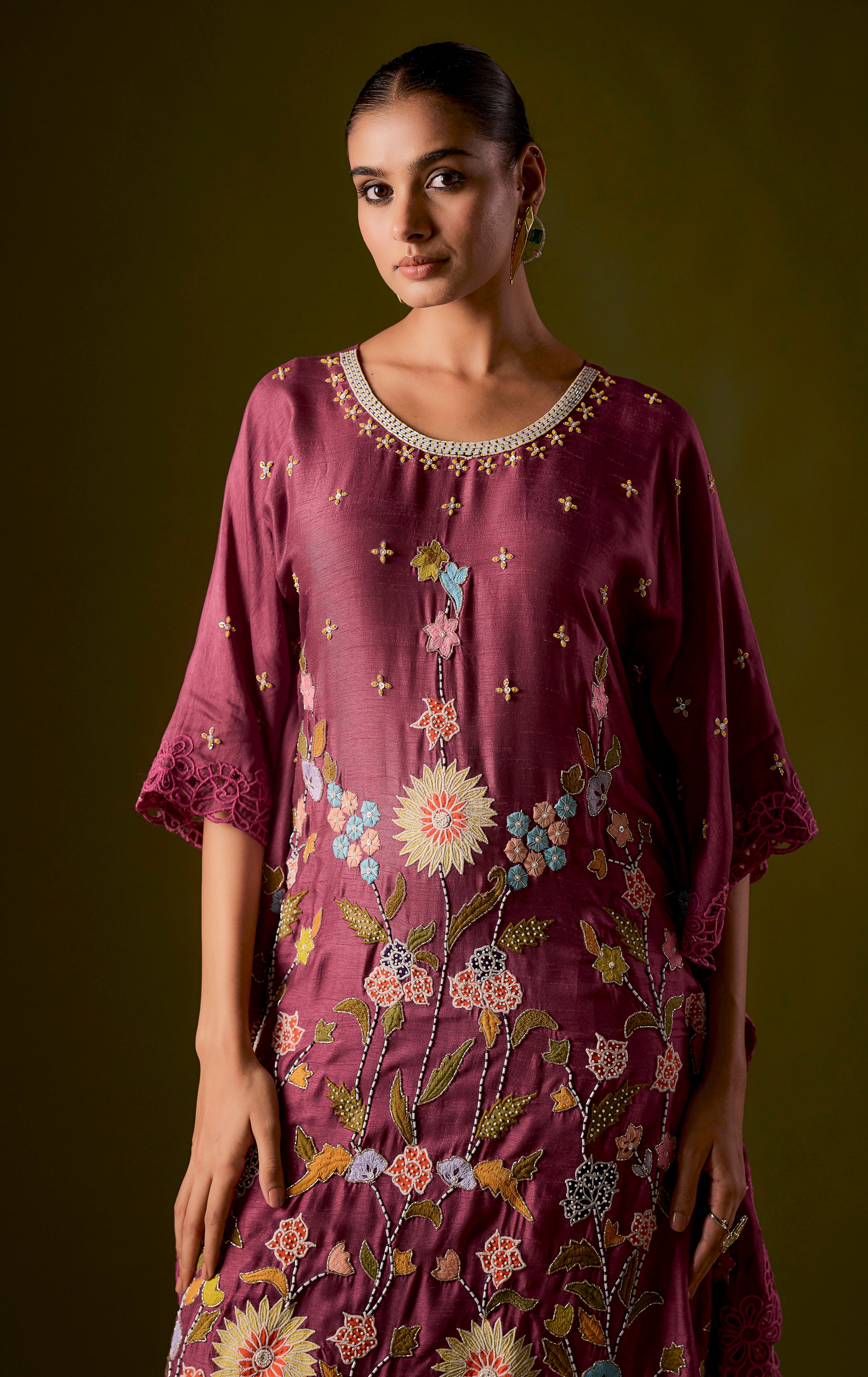 Pastel Purple Embellished Raw Silk Kaftan Pant Set
