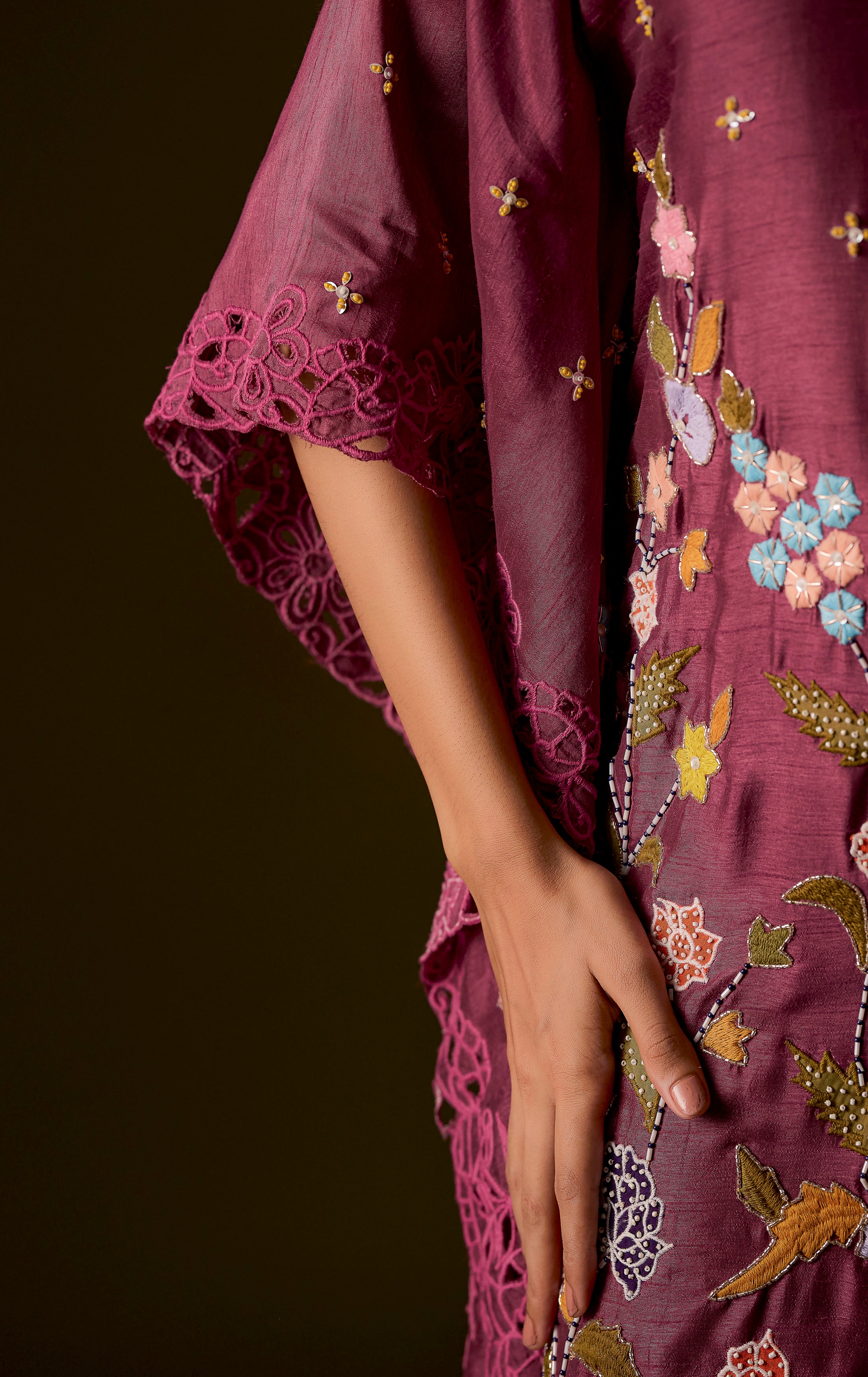 Pastel Purple Embellished Raw Silk Kaftan Pant Set