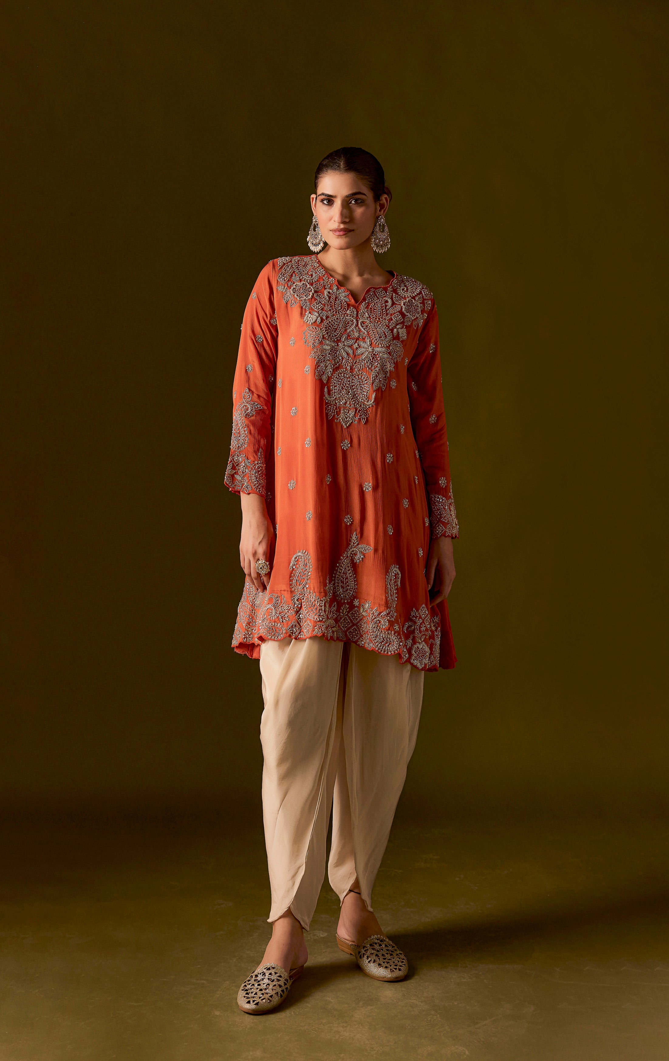 Rust Embellished Chinon Silk Dhoti Set
